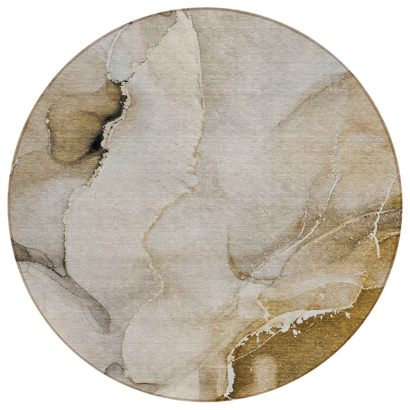 8' X 8' Beige and Brown Round Abstract Washable Indoor Outdoor Area Rug