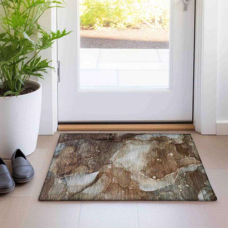 2' X 3' Brown Abstract Washable Non Skid Indoor Outdoor Area Rug