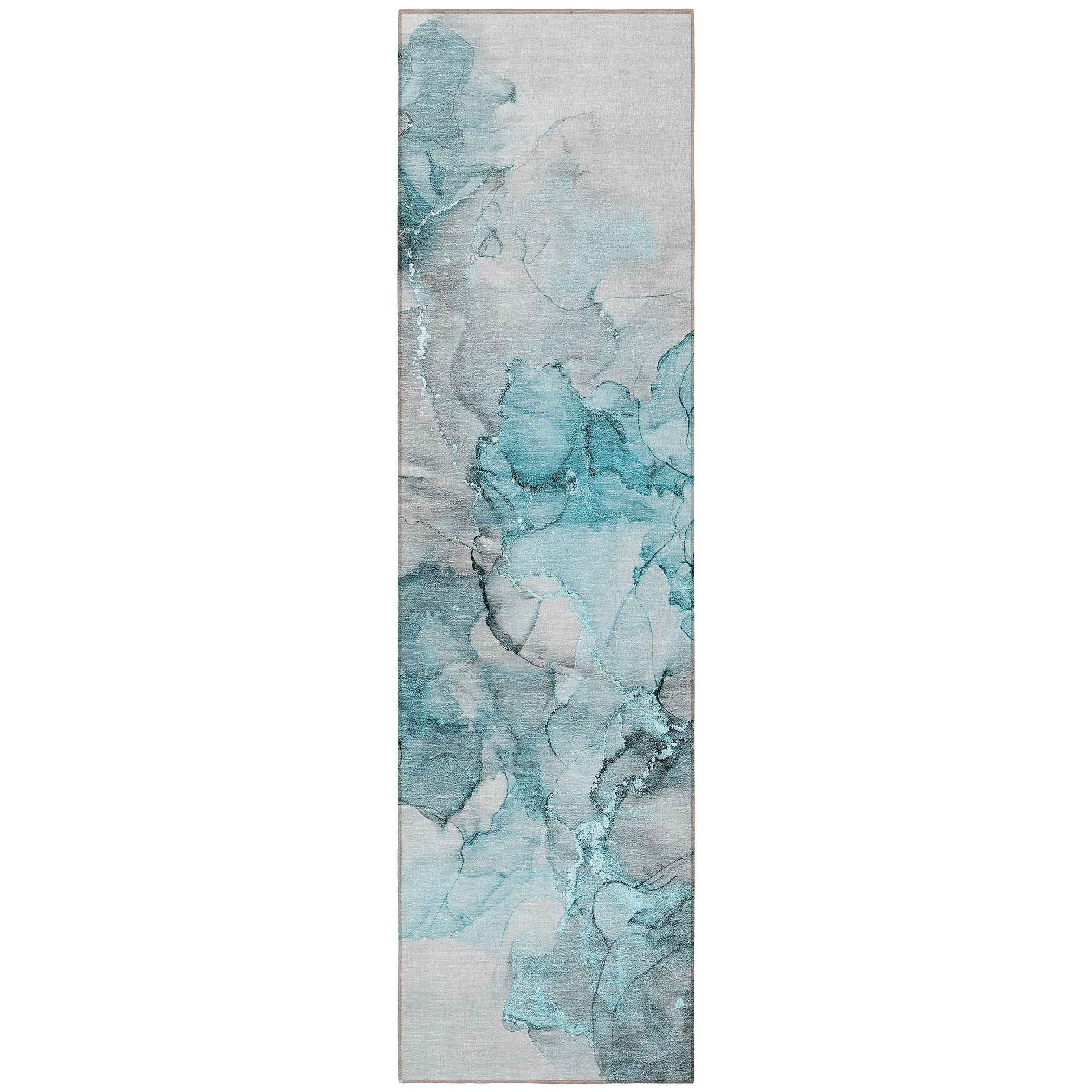 8' Runner Teal Abstract Washable Non Skid Indoor Outdoor Runner Rug