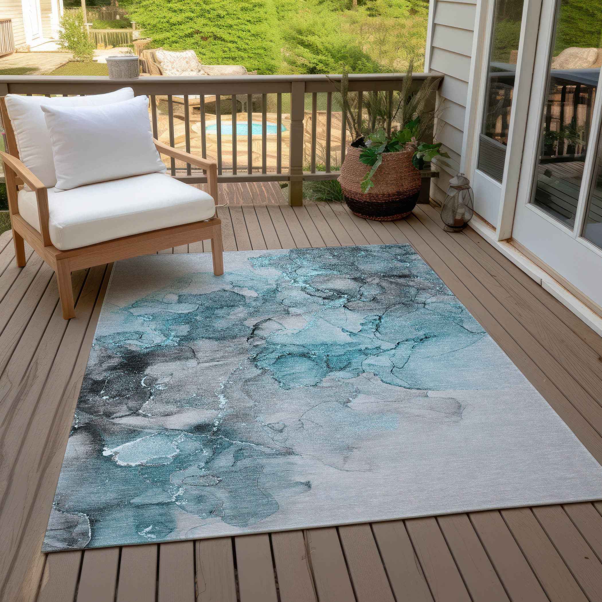 3' X 5' Teal Abstract Washable Non Skid Indoor Outdoor Area Rug
