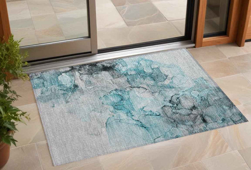 3' X 5' Teal Abstract Washable Non Skid Indoor Outdoor Area Rug