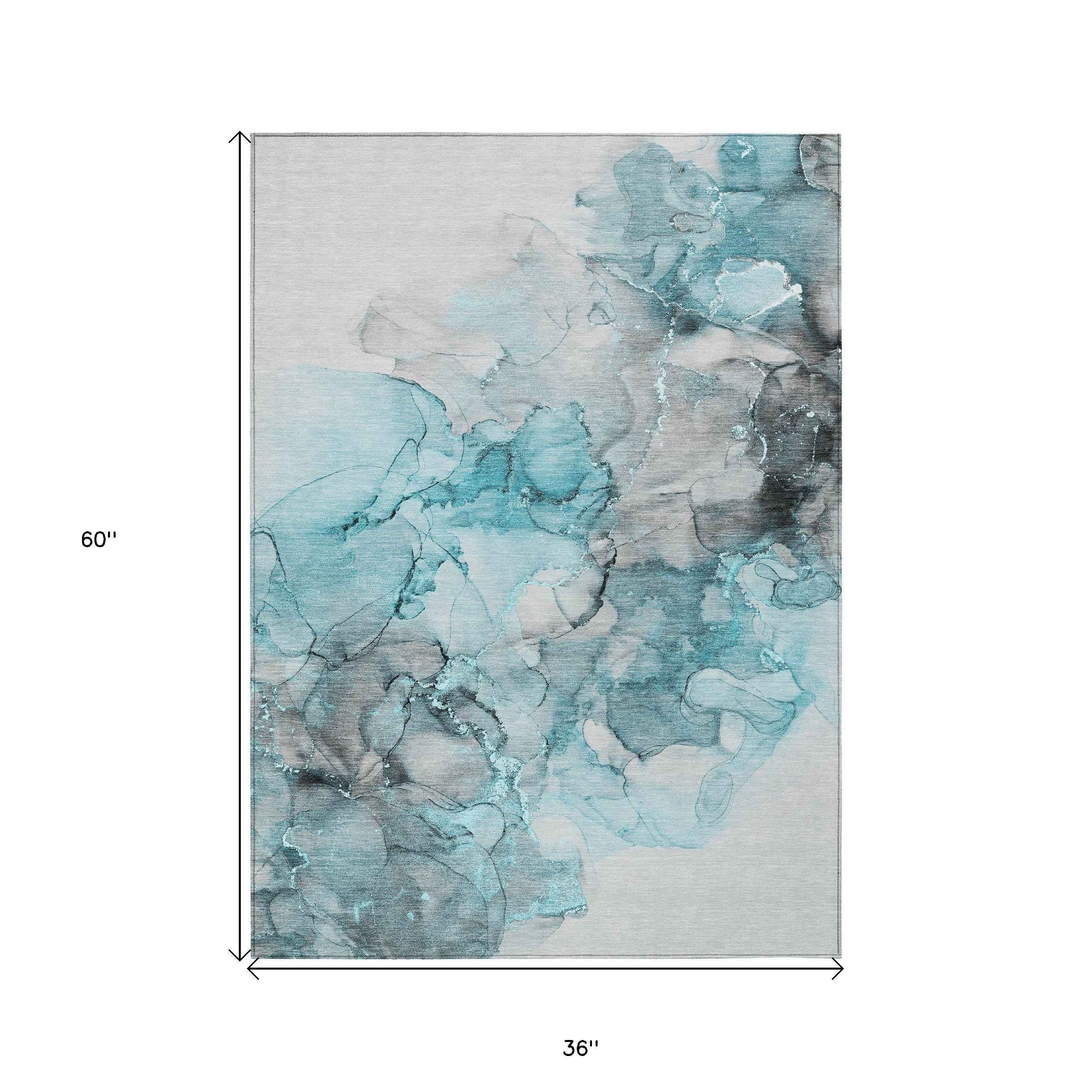 3' X 5' Teal Abstract Washable Non Skid Indoor Outdoor Area Rug