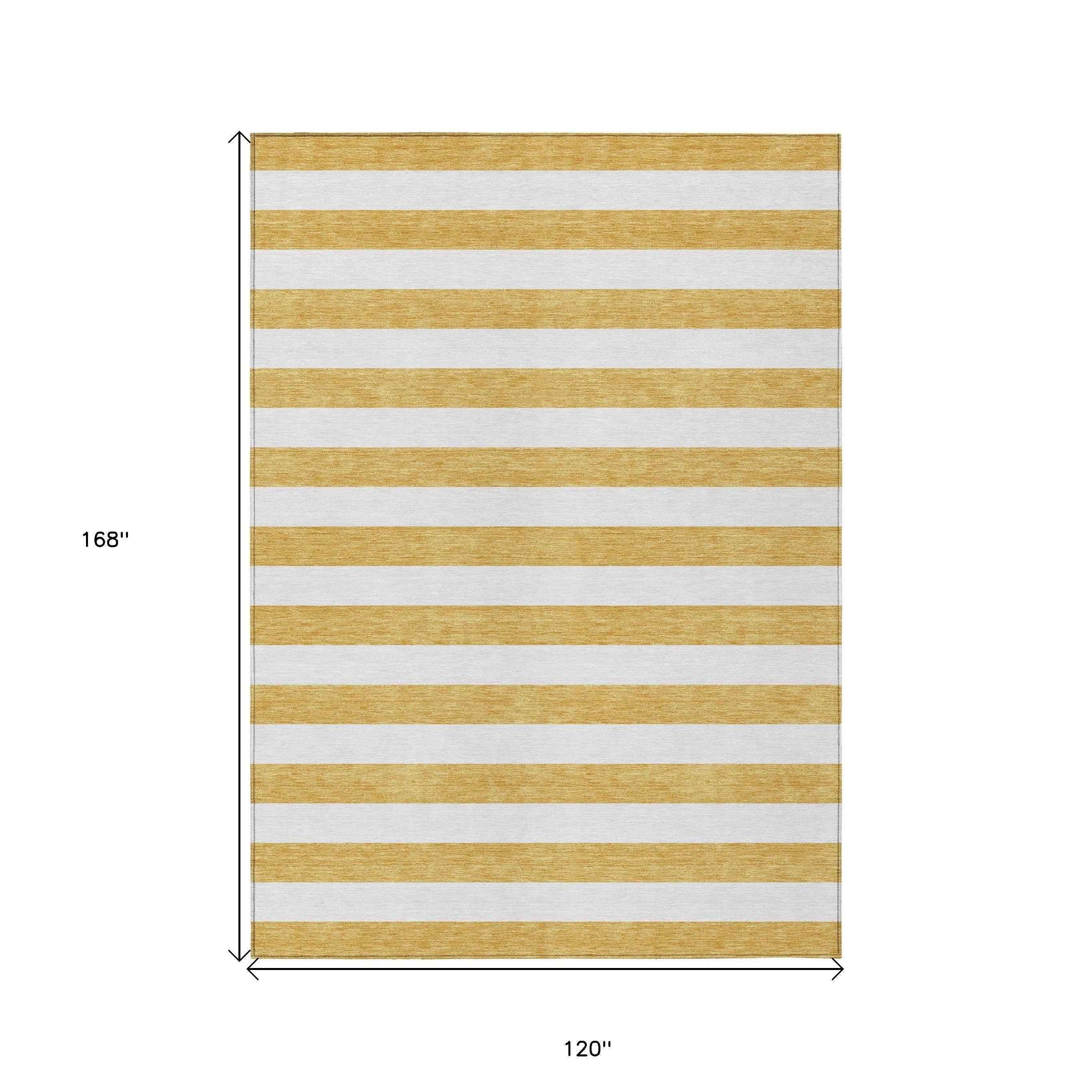 10' X 14' Gold Striped Washable Non Skid Indoor Outdoor Area Rug
