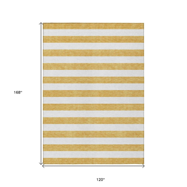 10' X 14' Gold Striped Washable Non Skid Indoor Outdoor Area Rug