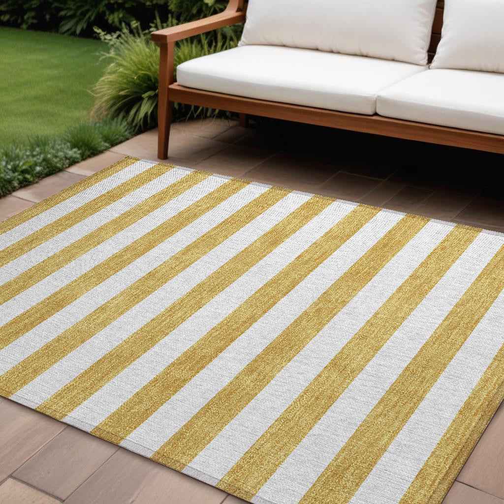 10' X 14' Gold Striped Washable Non Skid Indoor Outdoor Area Rug