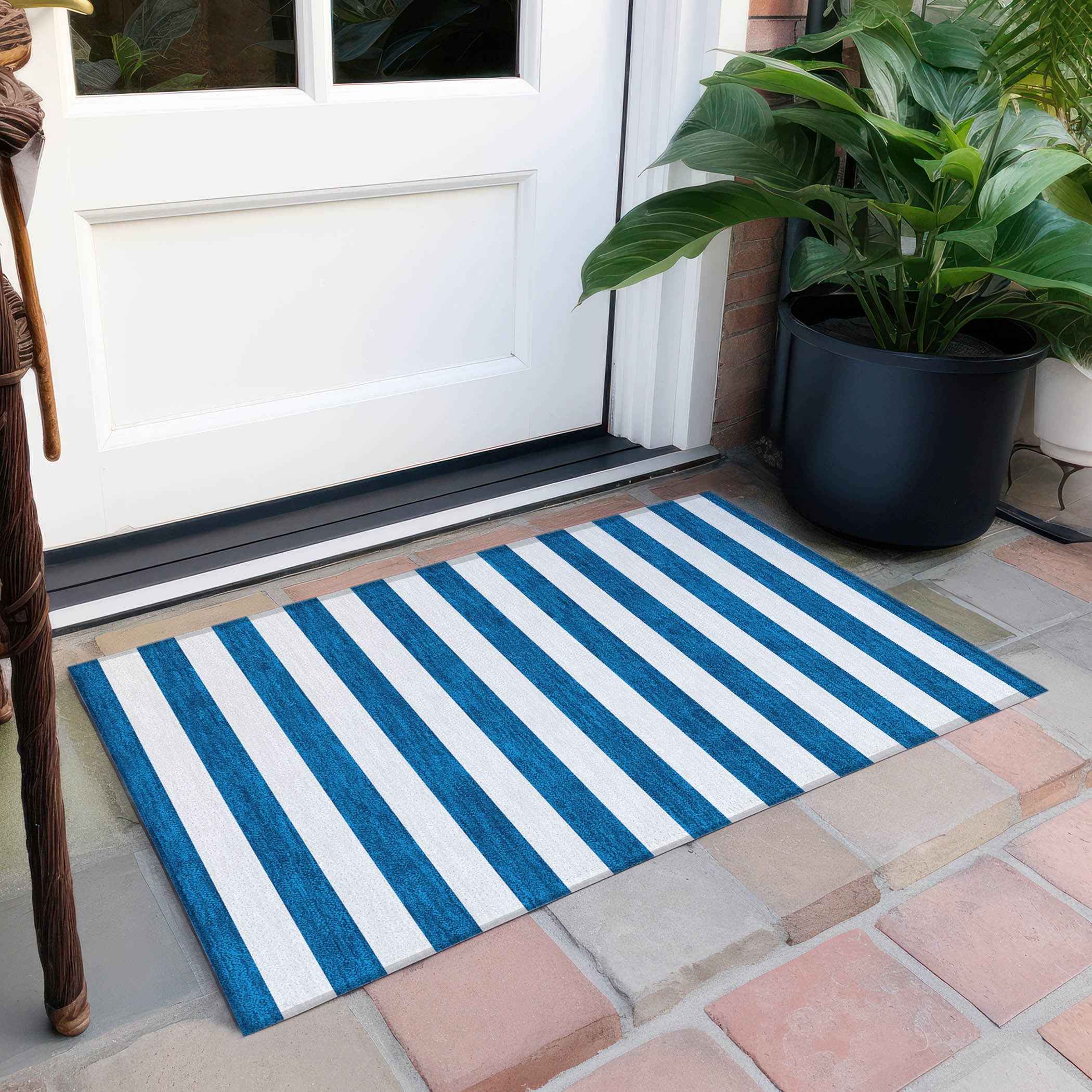 2' X 3' Navy Blue Striped Washable Non Skid Indoor Outdoor Area Rug