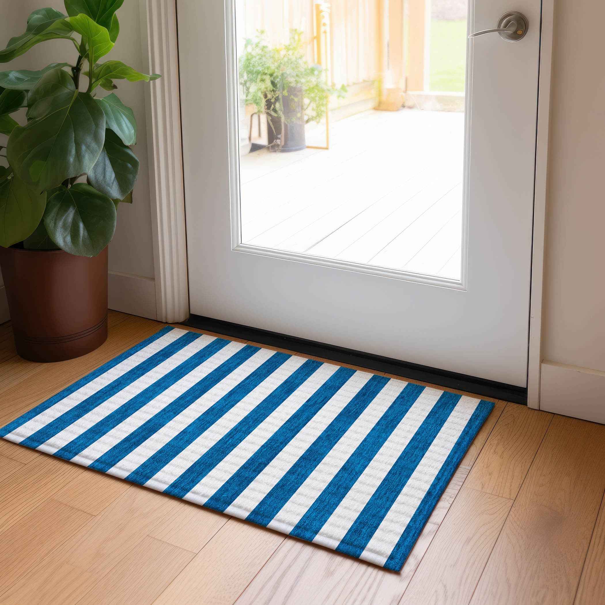 2' X 3' Navy Blue Striped Washable Non Skid Indoor Outdoor Area Rug