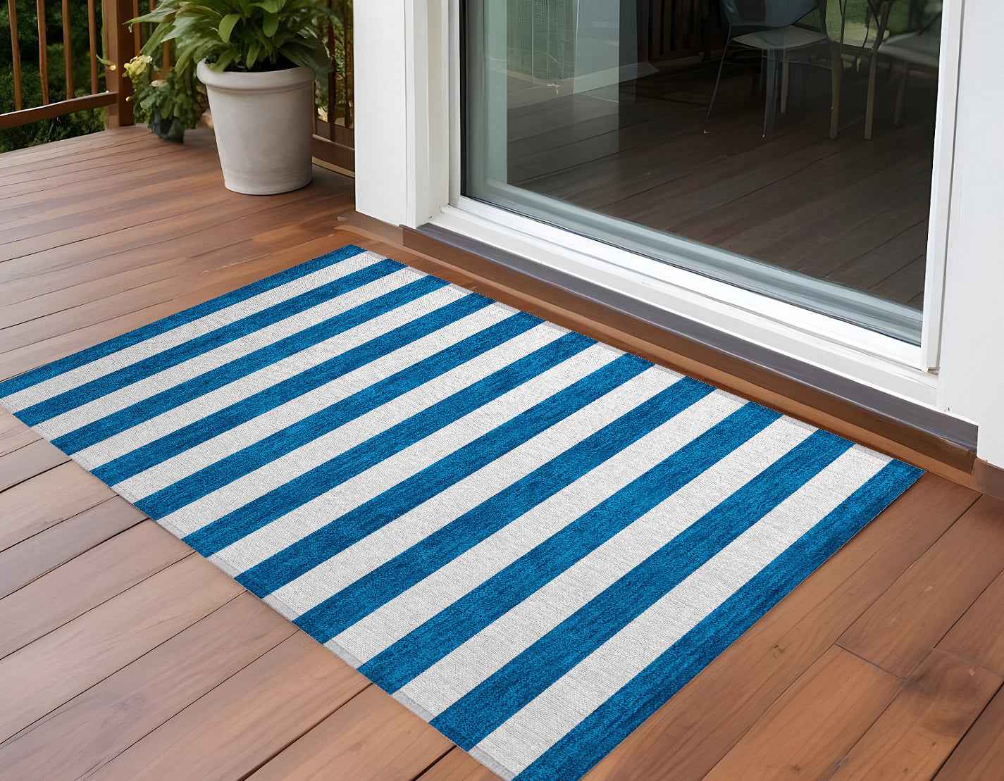 2' X 3' Navy Blue Striped Washable Non Skid Indoor Outdoor Area Rug