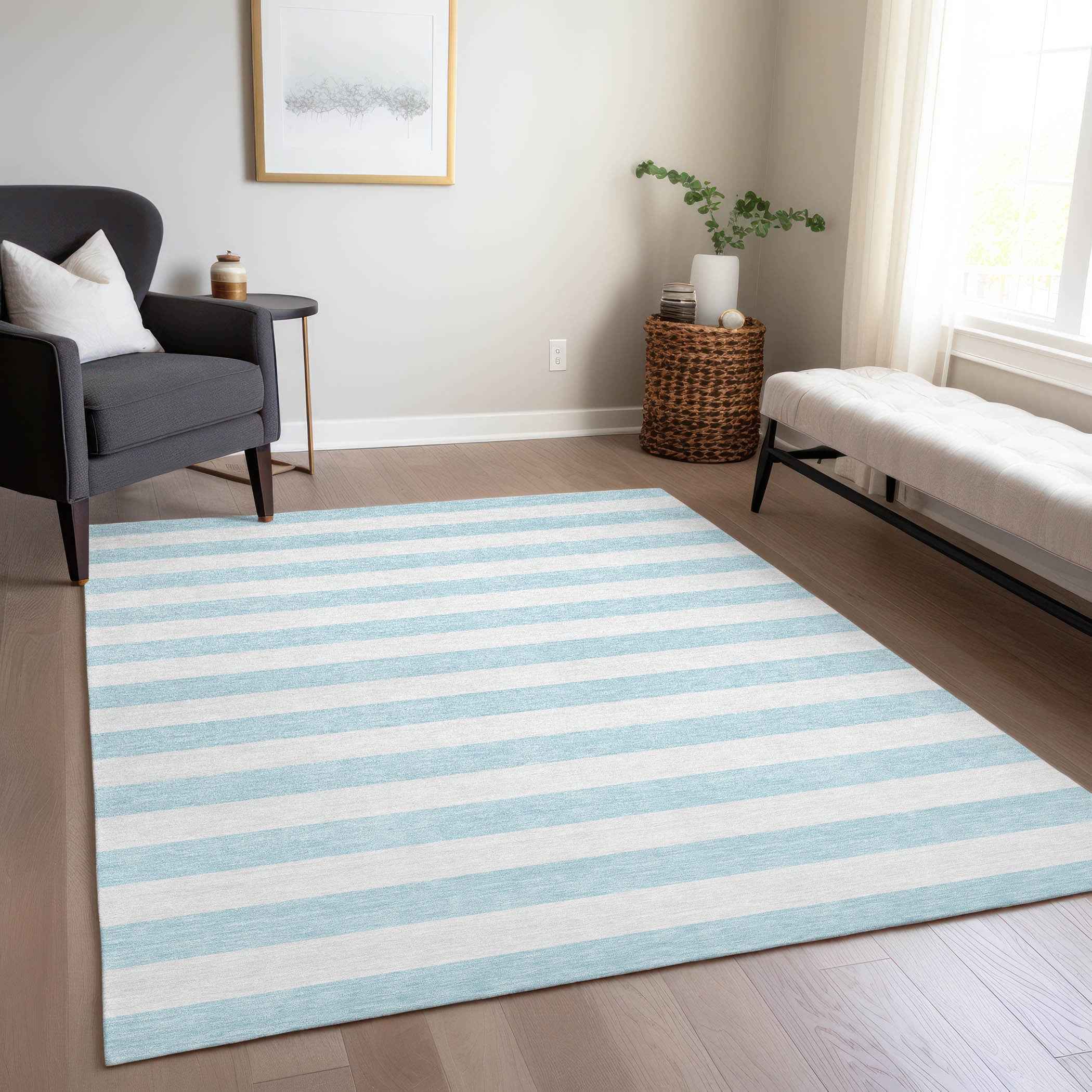 9' X 12' Blue and White Striped Washable Indoor Outdoor Area Rug