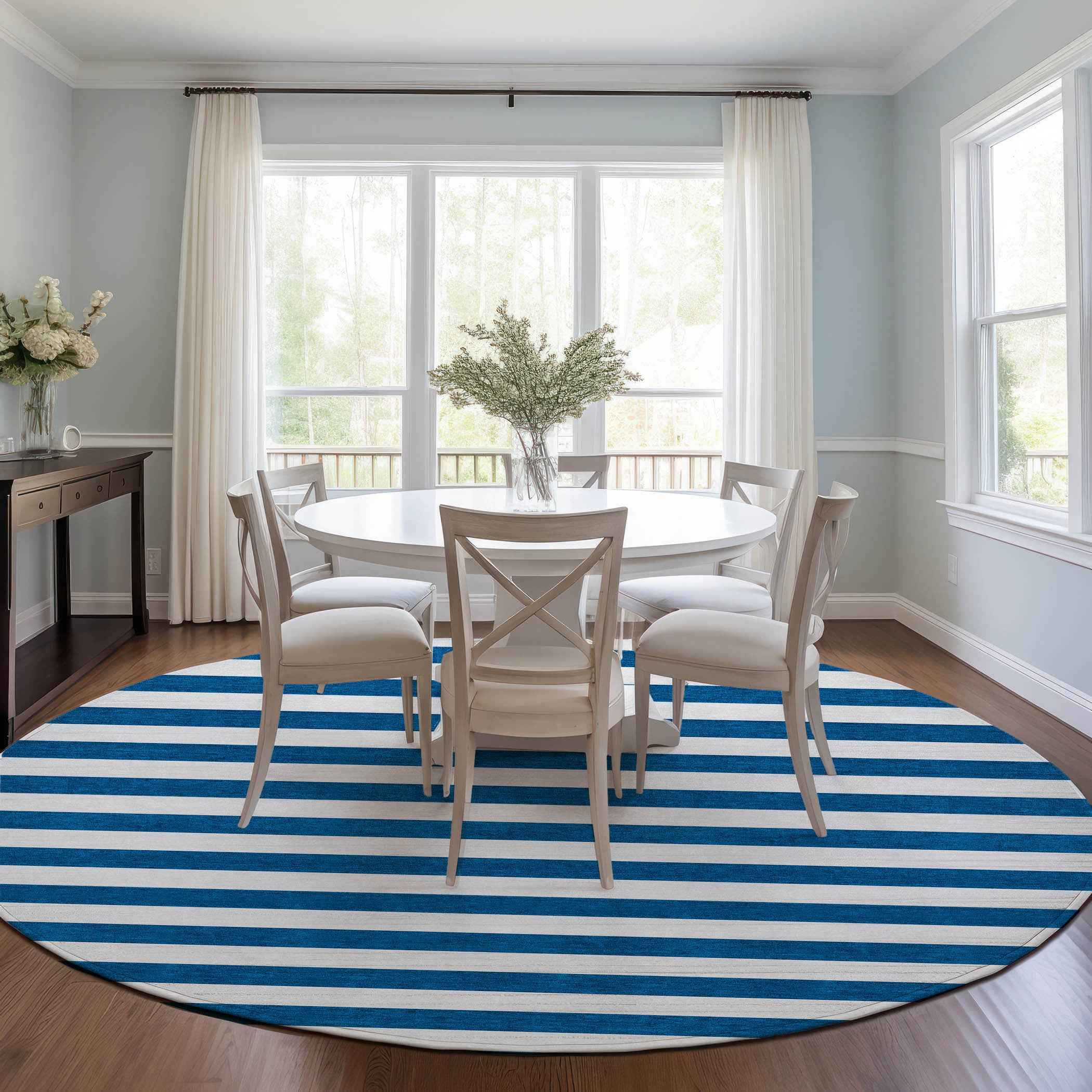 8' Round Navy Blue Round Striped Washable Non Skid Indoor Outdoor Area Rug