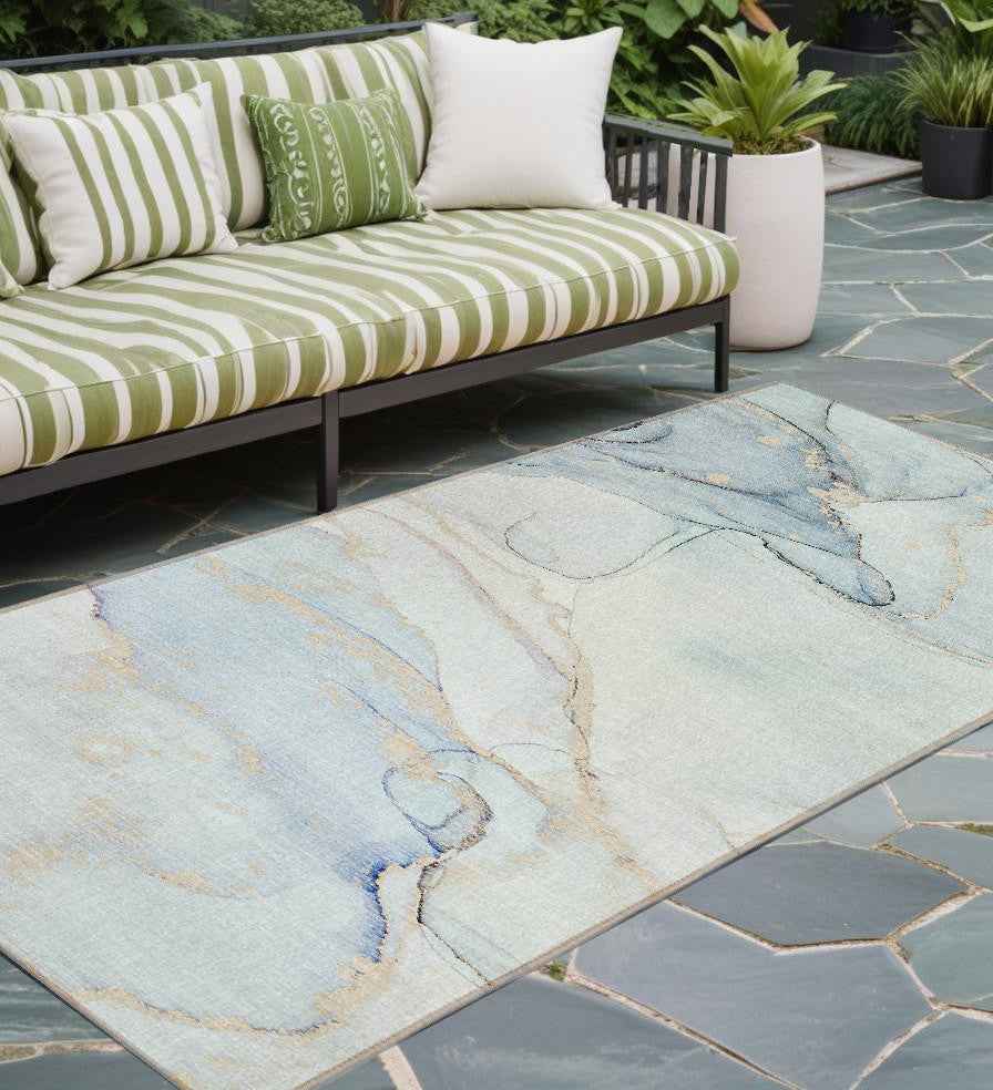 8' Runner Beige and Blue Abstract Washable Non Skid Indoor Outdoor Runner Rug