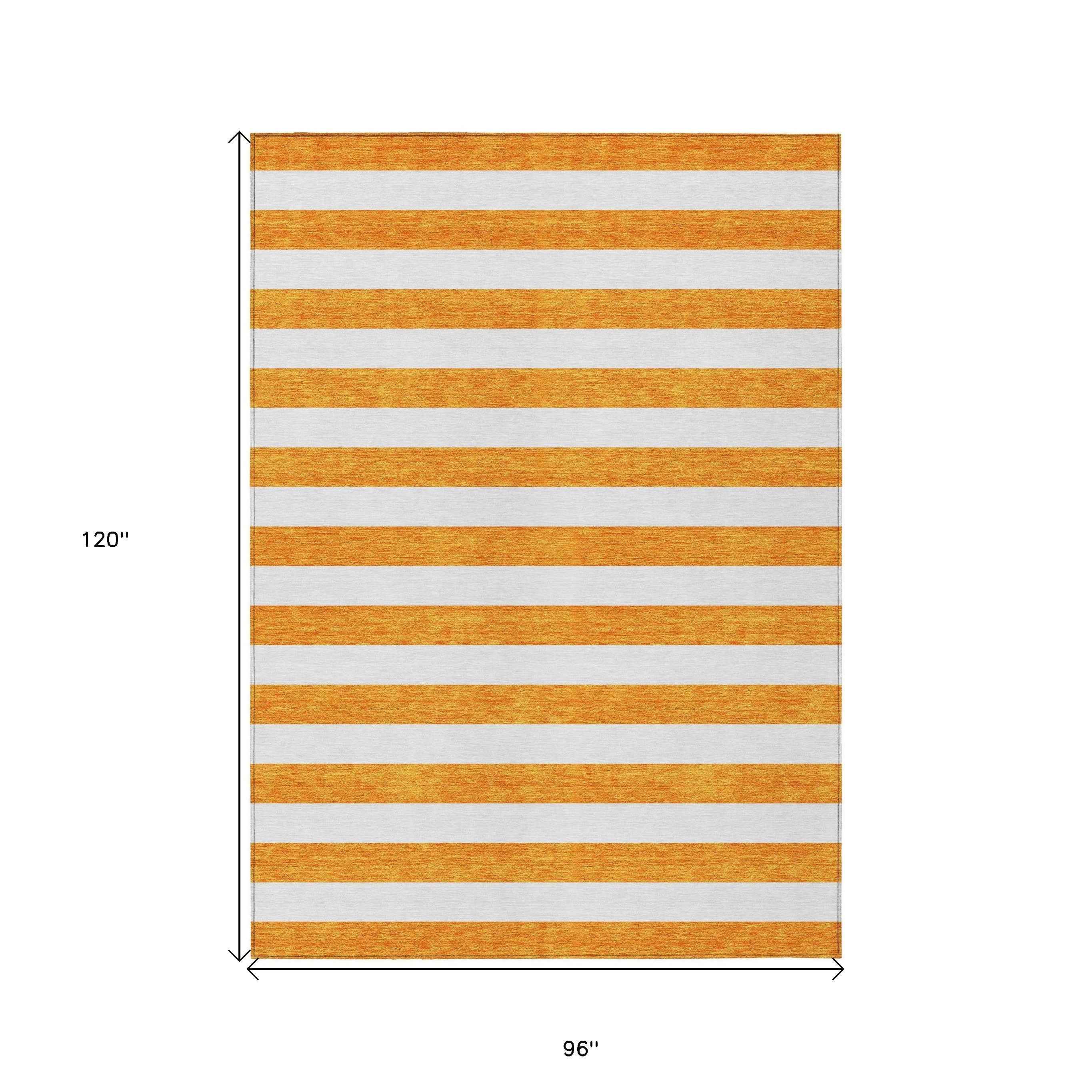 8' X 10' Orange and White Striped Washable Non Skid Indoor Outdoor Area Rug