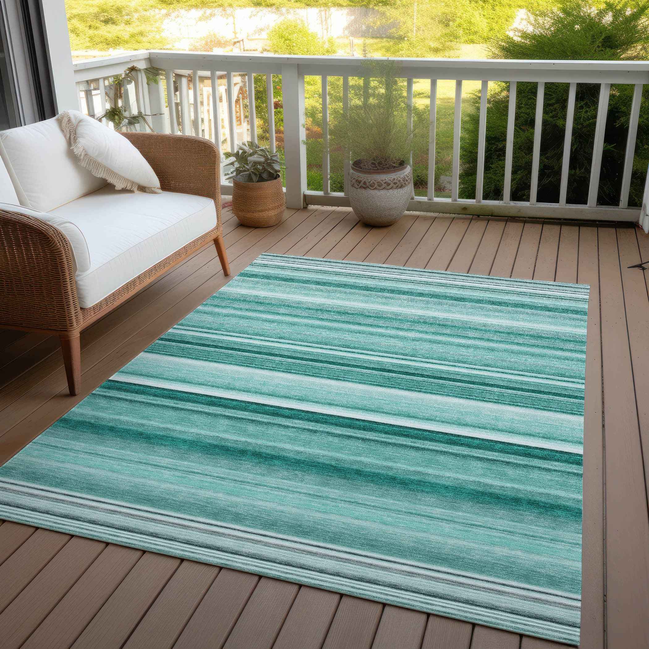 3' X 5' Aqua Striped Washable Indoor Outdoor Area Rug