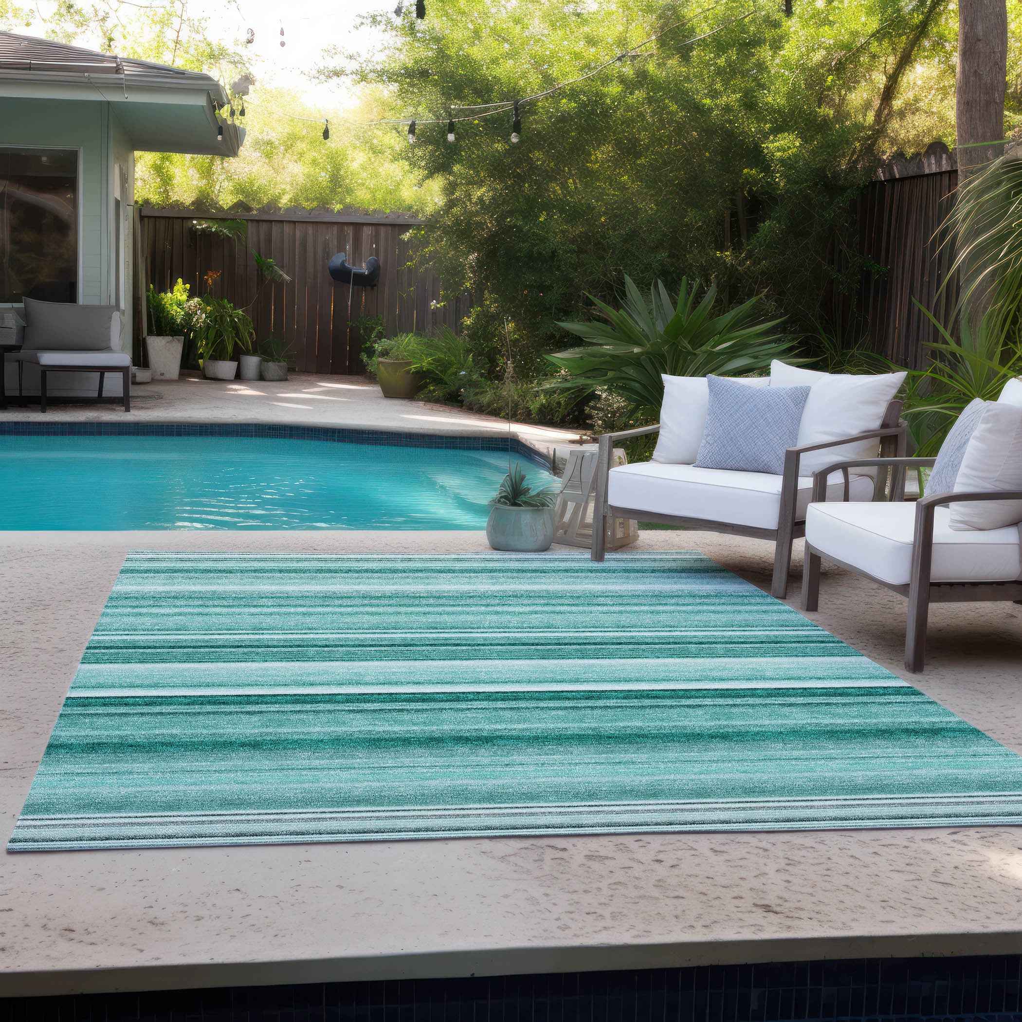 3' X 5' Aqua Striped Washable Indoor Outdoor Area Rug