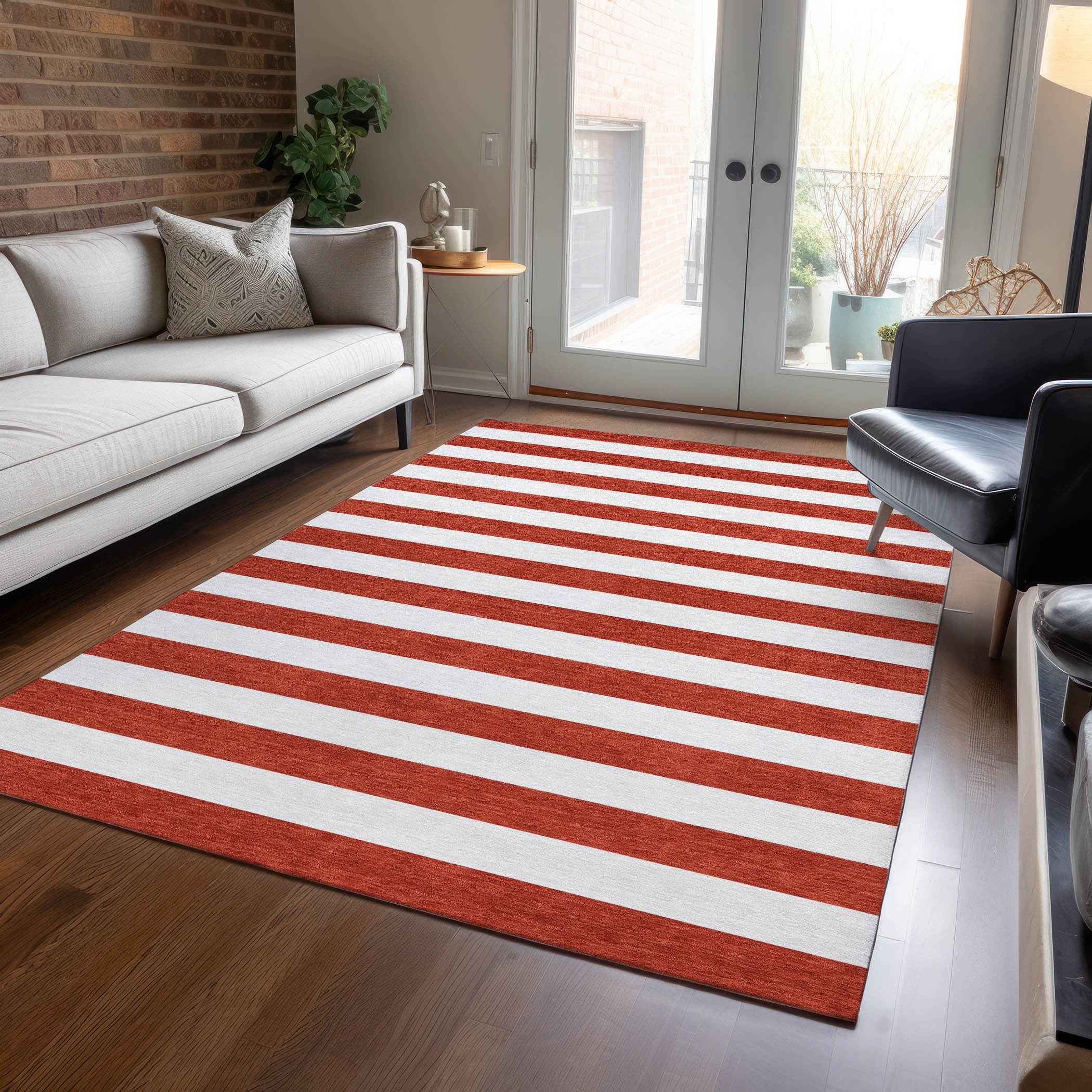3' X 5' Red and White Striped Washable Non Skid Indoor Outdoor Area Rug