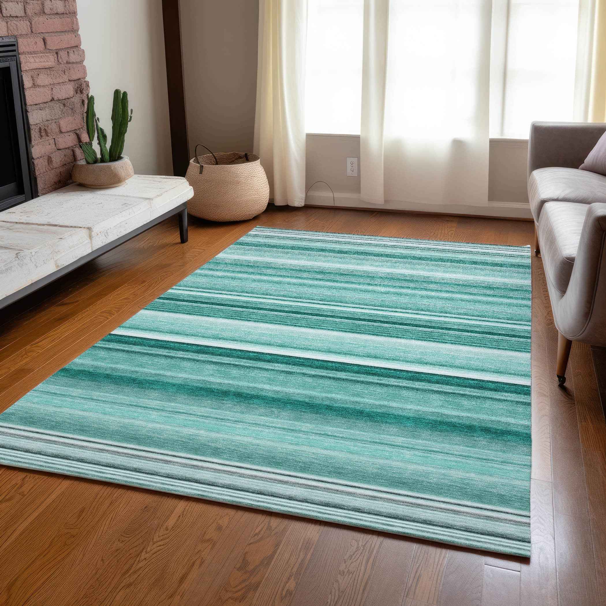 3' X 5' Aqua Striped Washable Indoor Outdoor Area Rug