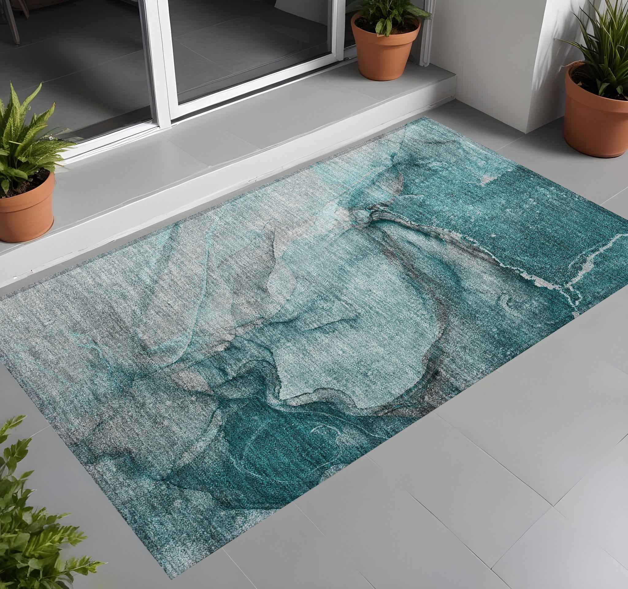 2' X 3' Teal Abstract Washable Non Skid Indoor Outdoor Area Rug