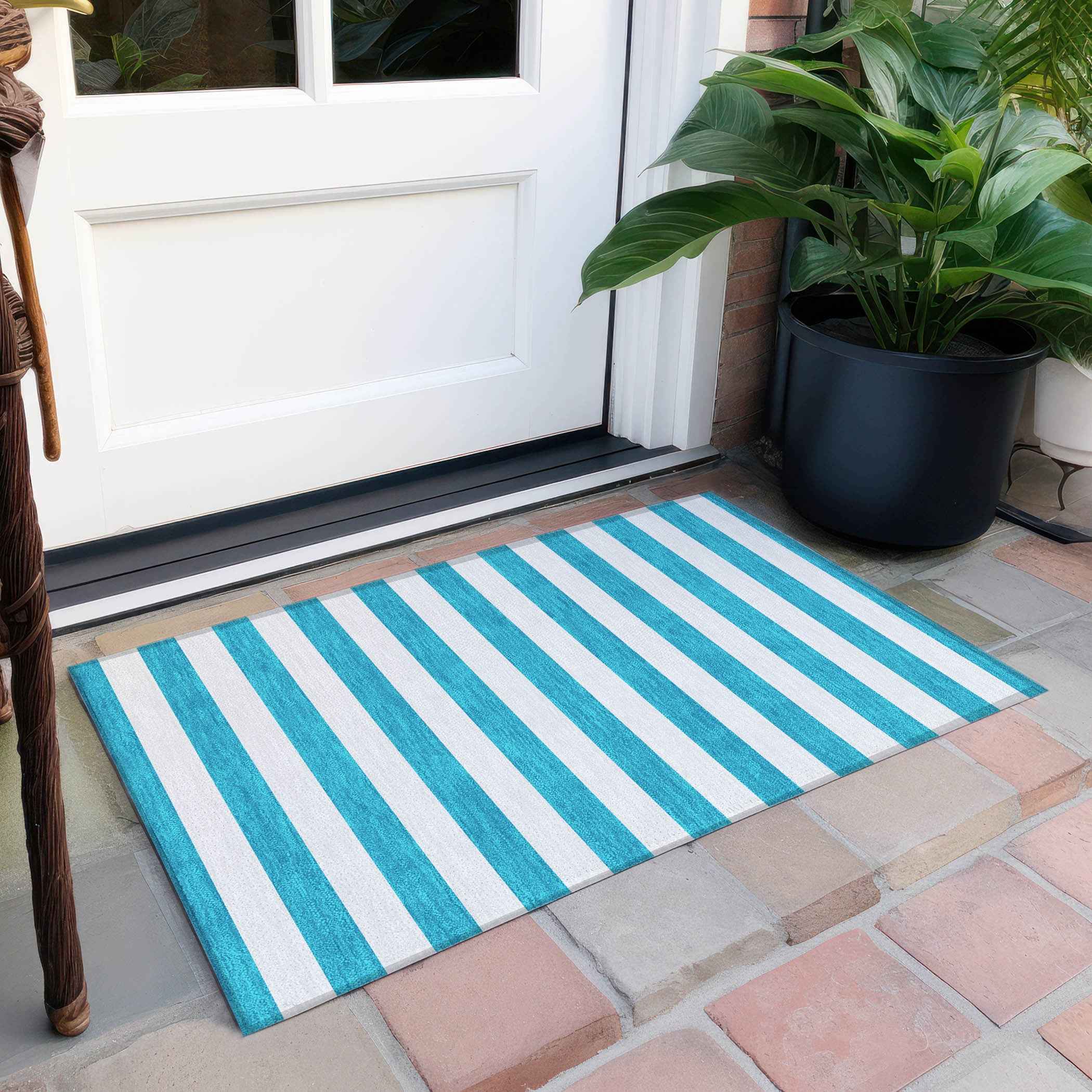2' X 3' Teal Striped Washable Non Skid Indoor Outdoor Area Rug