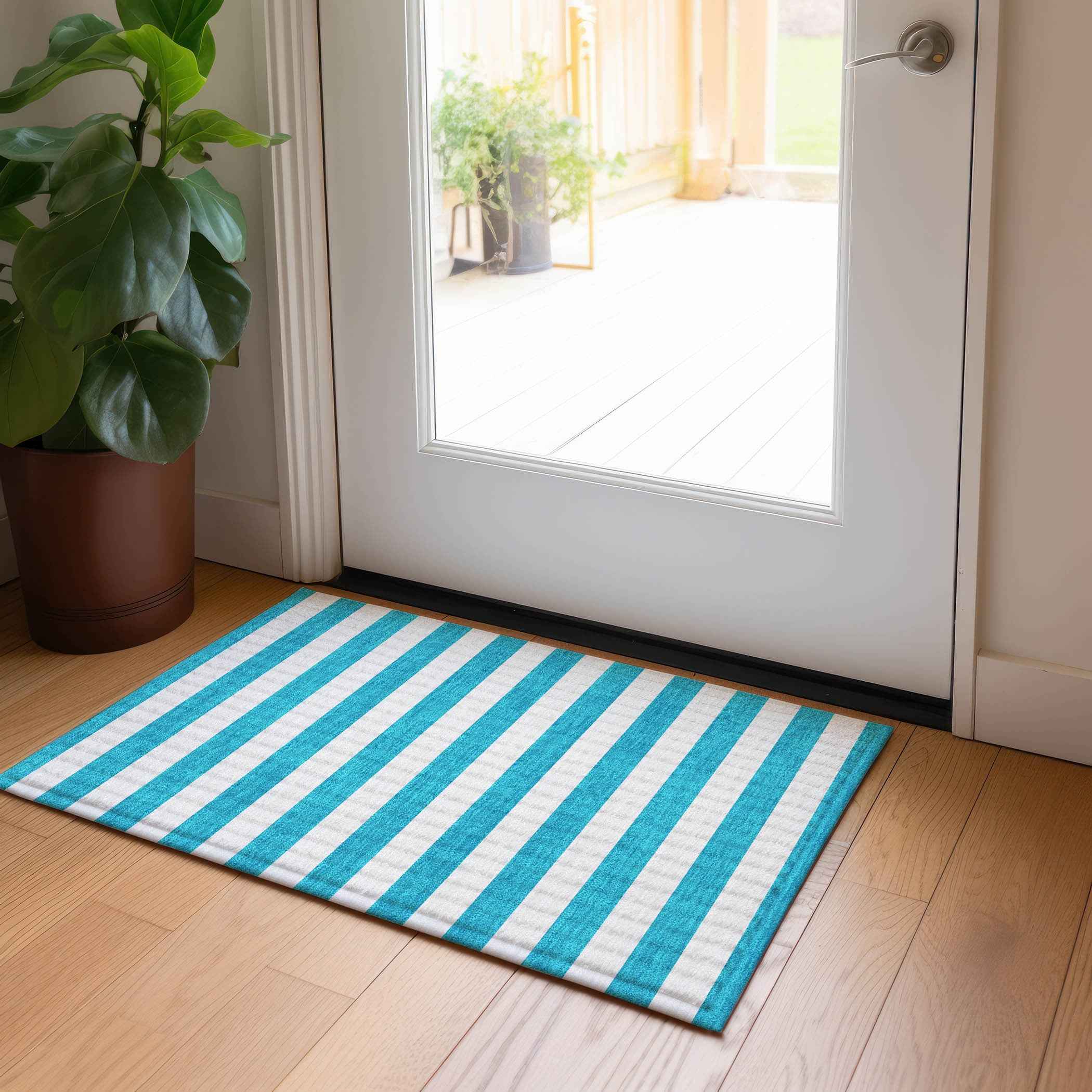 2' X 3' Teal Striped Washable Non Skid Indoor Outdoor Area Rug