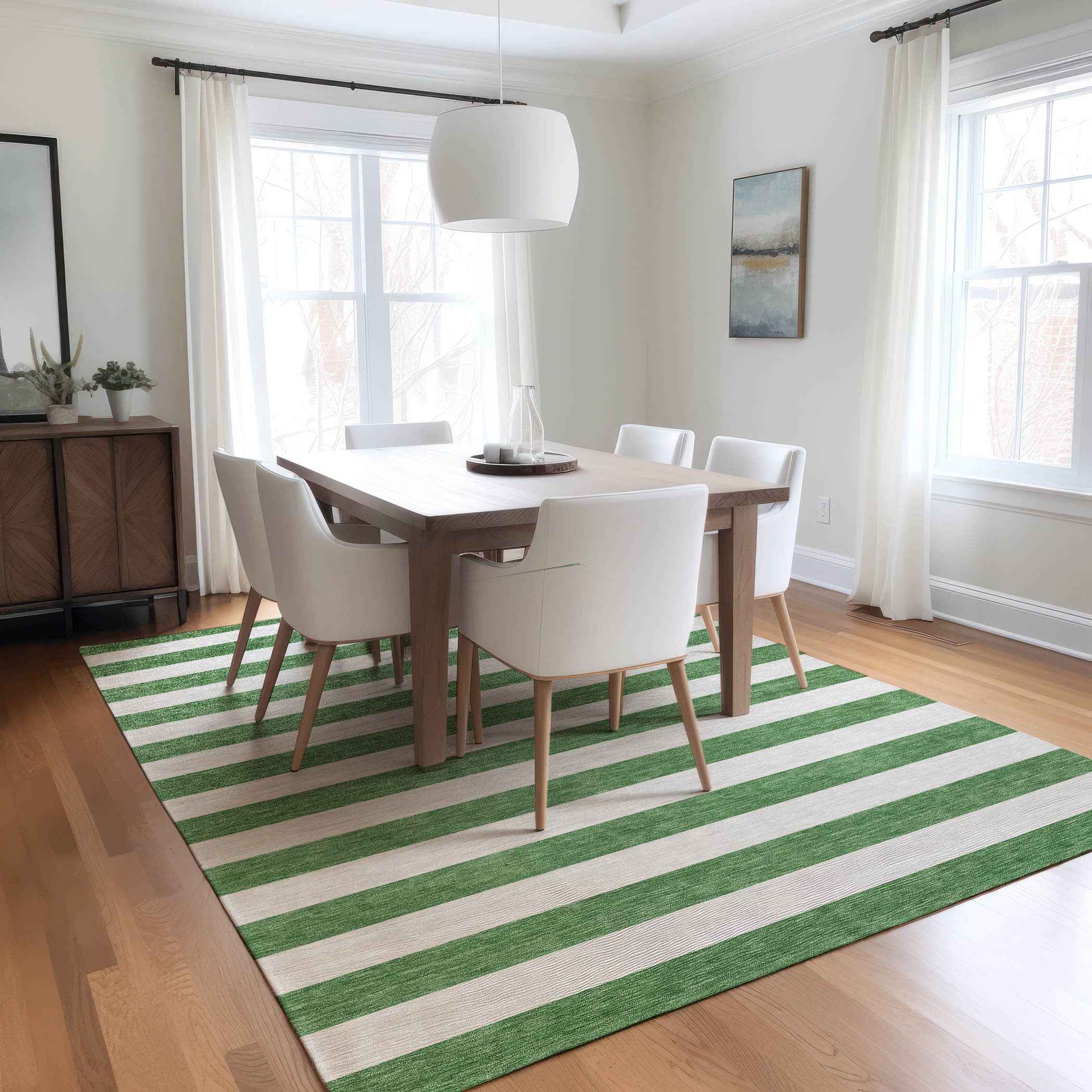 5' X 8' Green and White Striped Washable Indoor Outdoor Area Rug