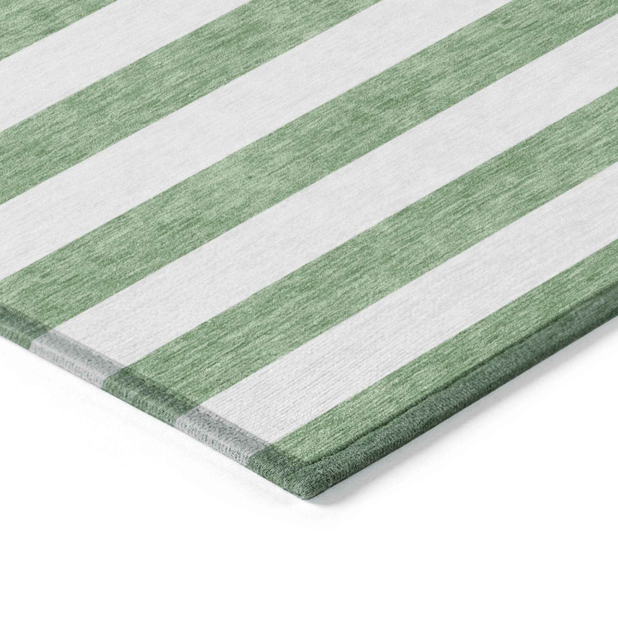 5' X 8' Green and White Striped Washable Indoor Outdoor Area Rug