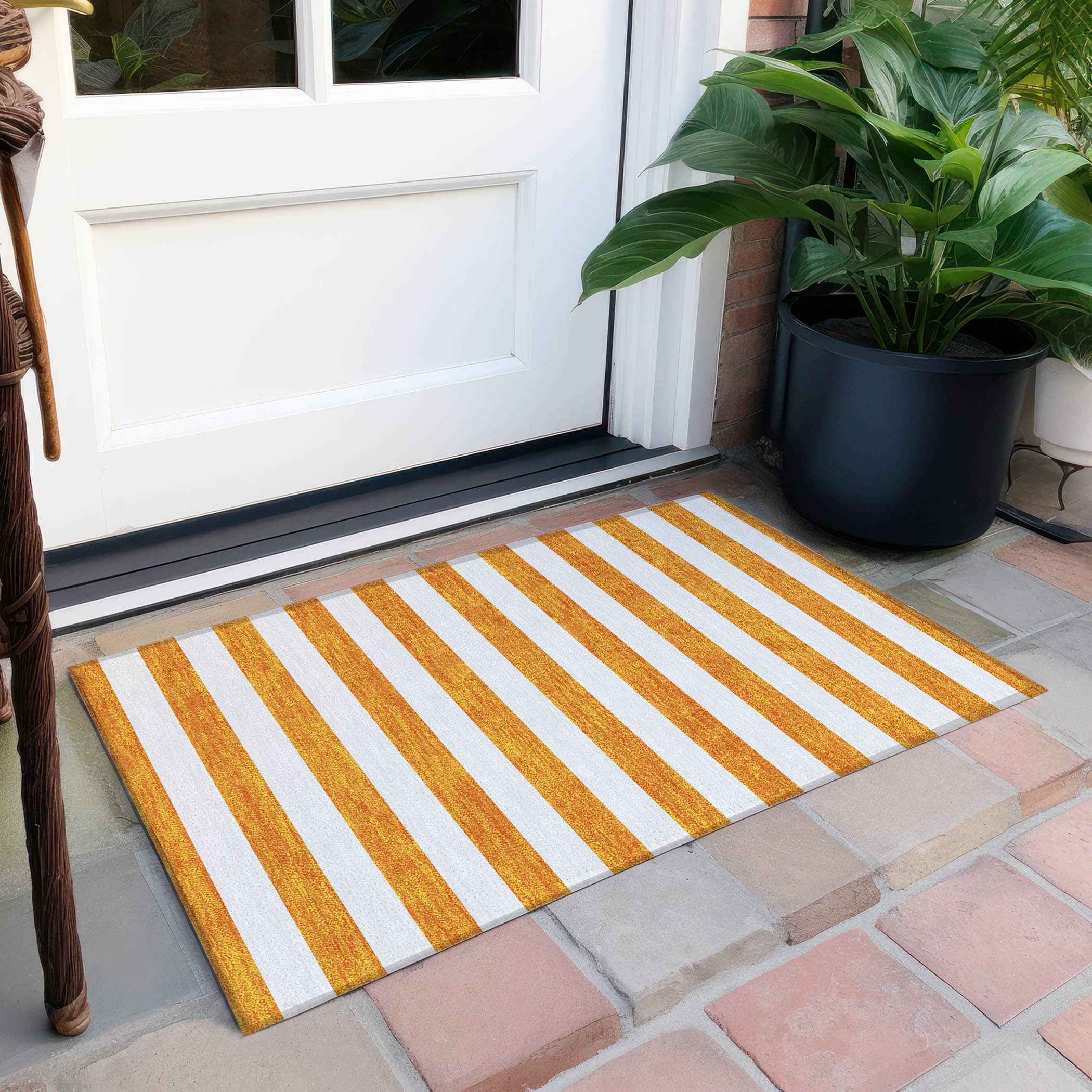 2' X 3' Orange and White Striped Washable Non Skid Indoor Outdoor Area Rug