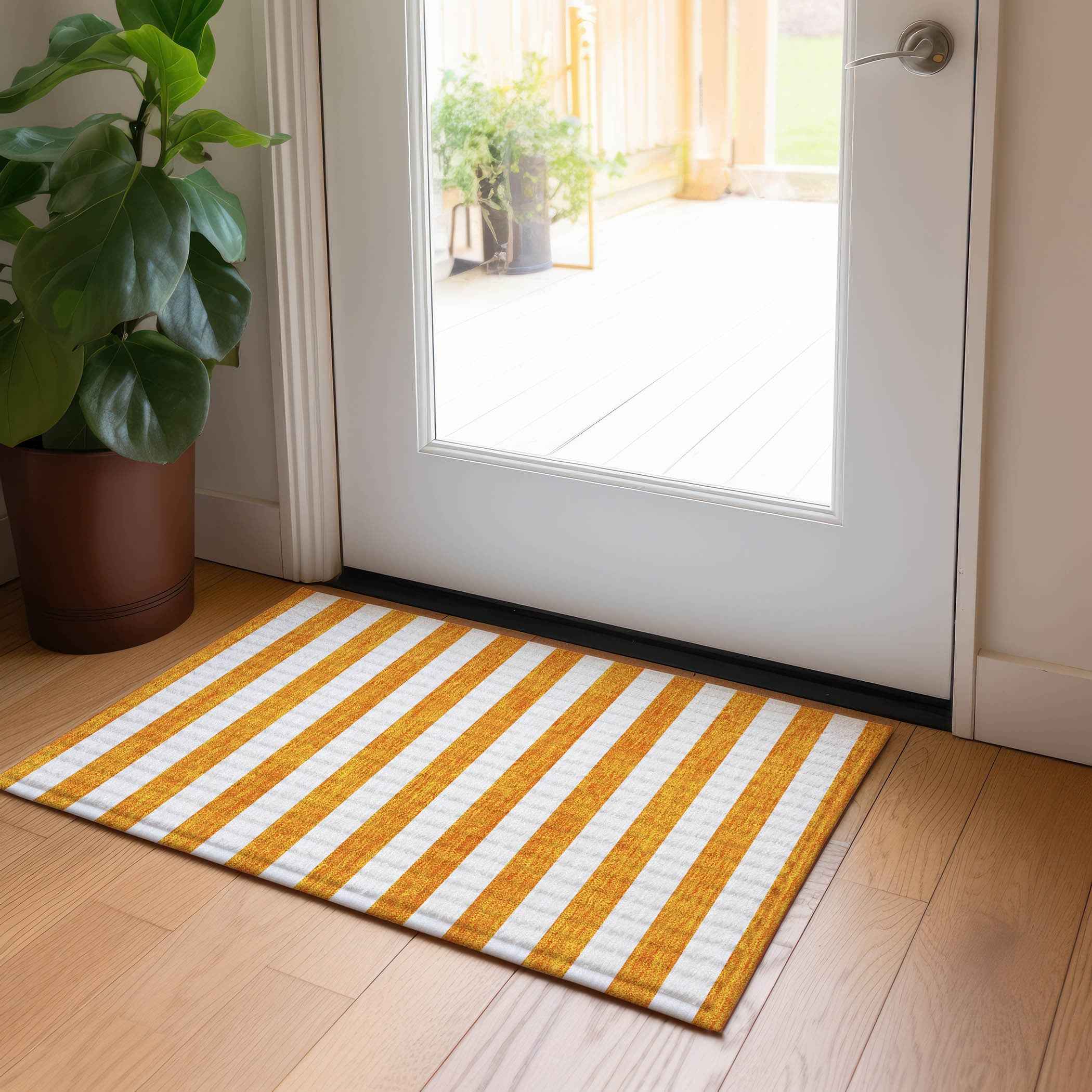 2' X 3' Orange and White Striped Washable Non Skid Indoor Outdoor Area Rug