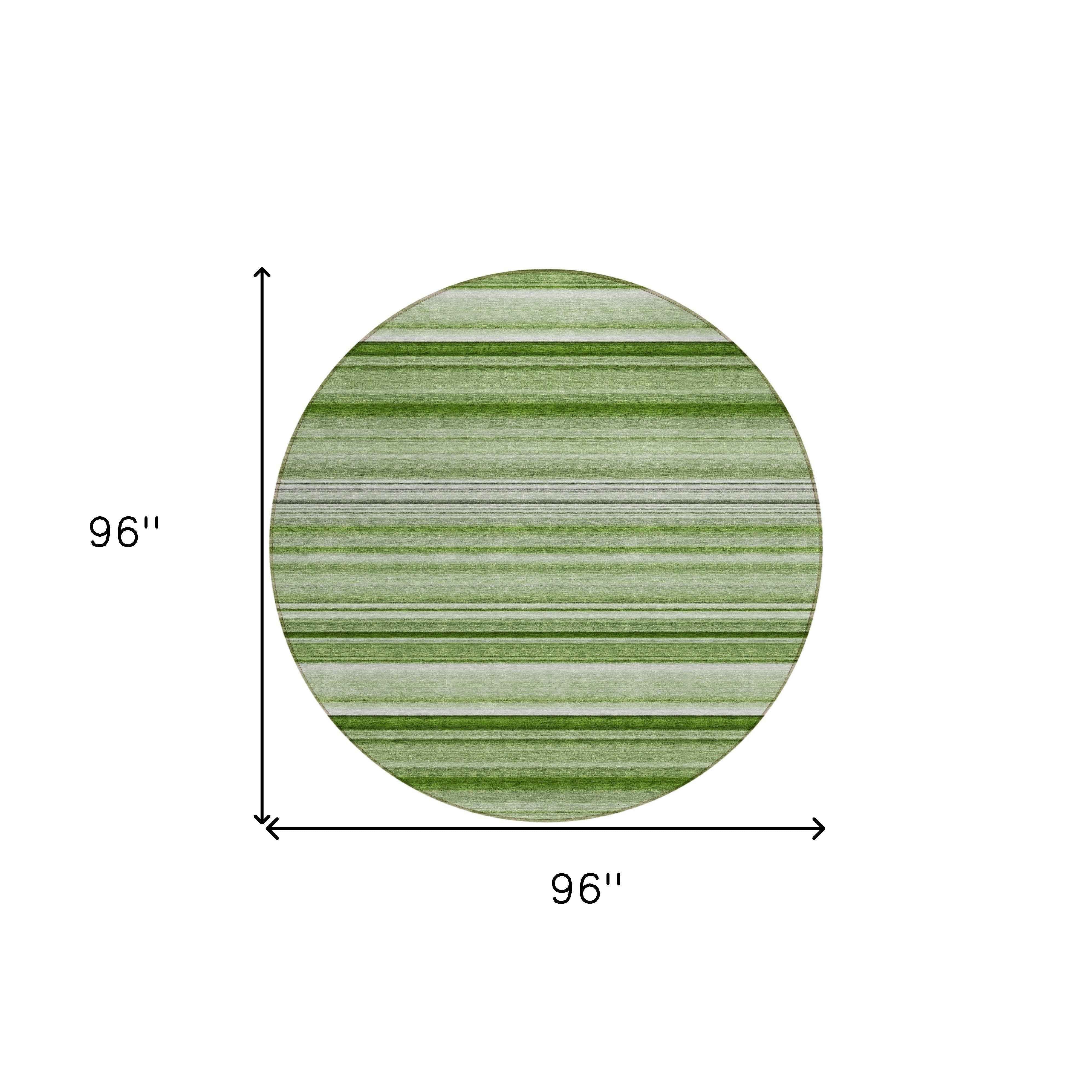 8' X 8' Artichoke Green Round Striped Washable Indoor Outdoor Area Rug