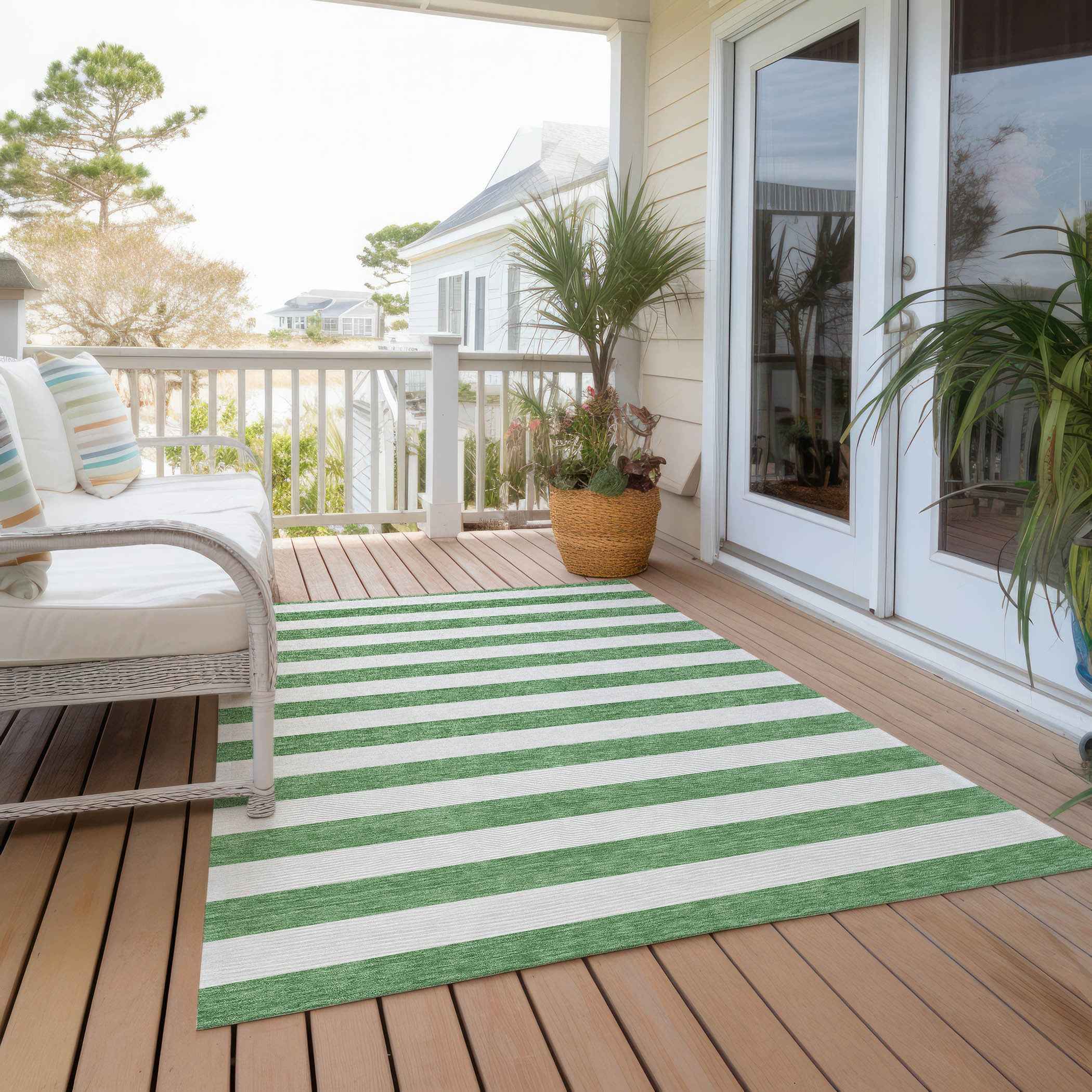 5' X 8' Green and White Striped Washable Indoor Outdoor Area Rug