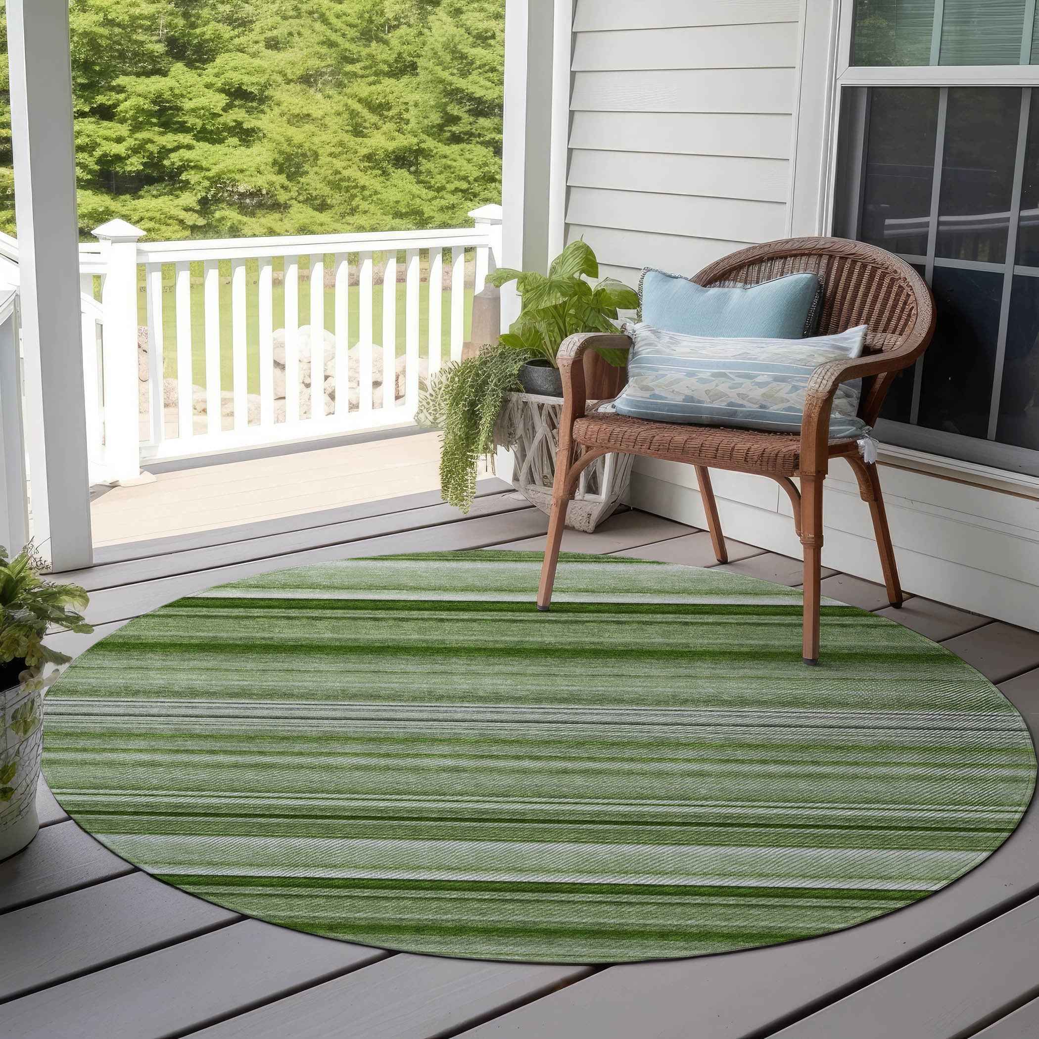 8' X 8' Artichoke Green Round Striped Washable Indoor Outdoor Area Rug