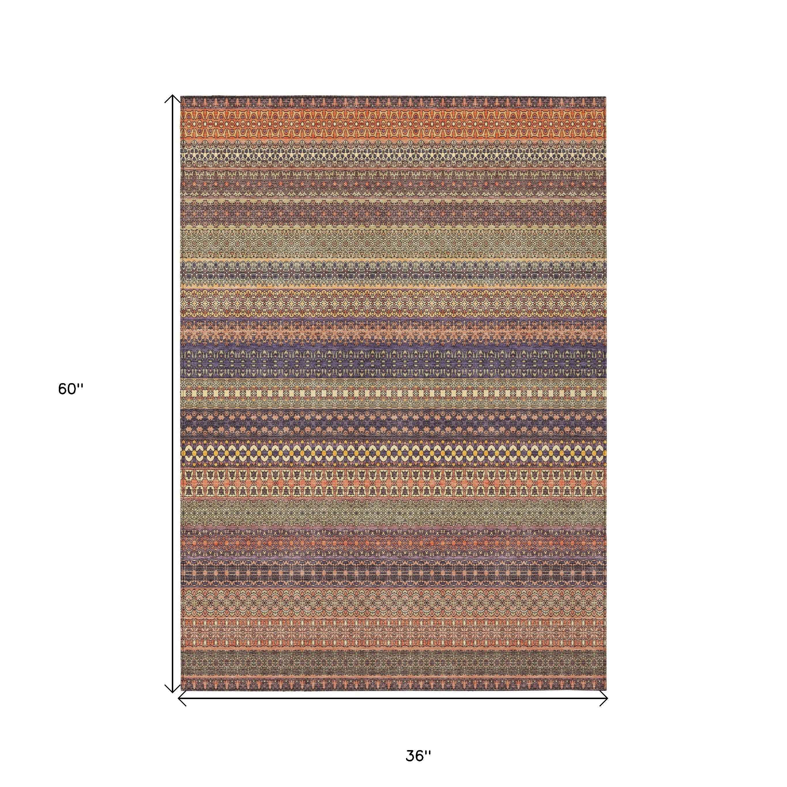 3' X 5' Orange Striped Washable Non Skid Indoor Outdoor Area Rug