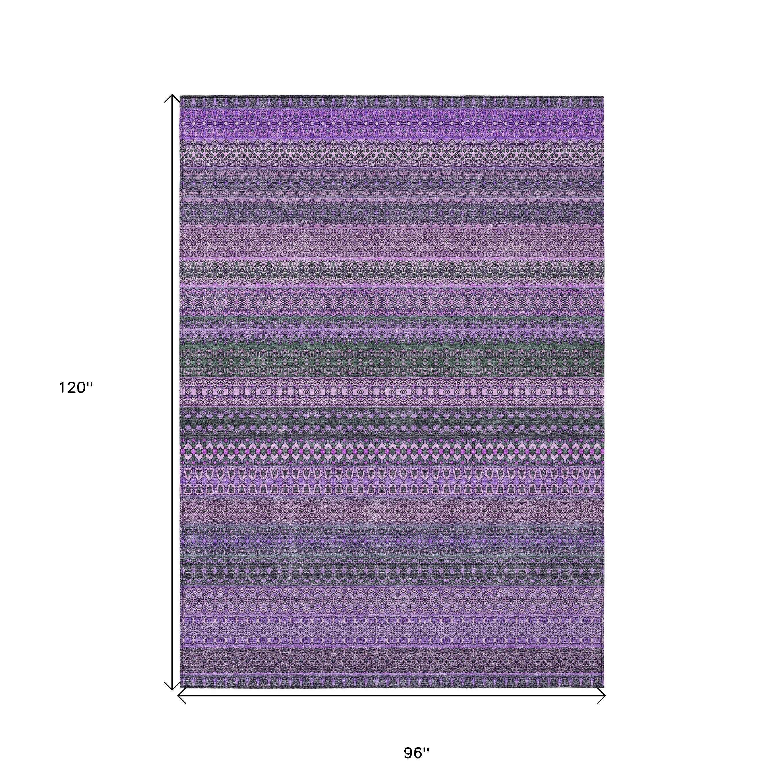 8' X 10' Purple Striped Washable Non Skid Indoor Outdoor Area Rug