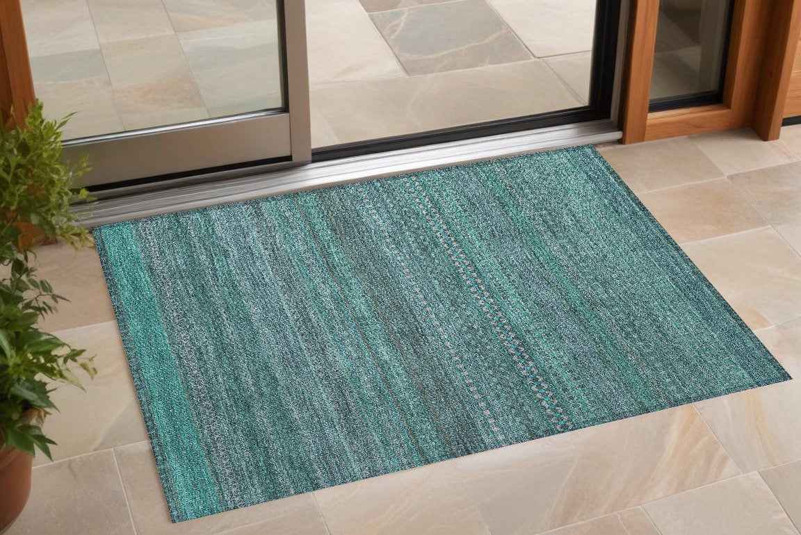 2' X 3' Turquoise Striped Washable Non Skid Indoor Outdoor Area Rug