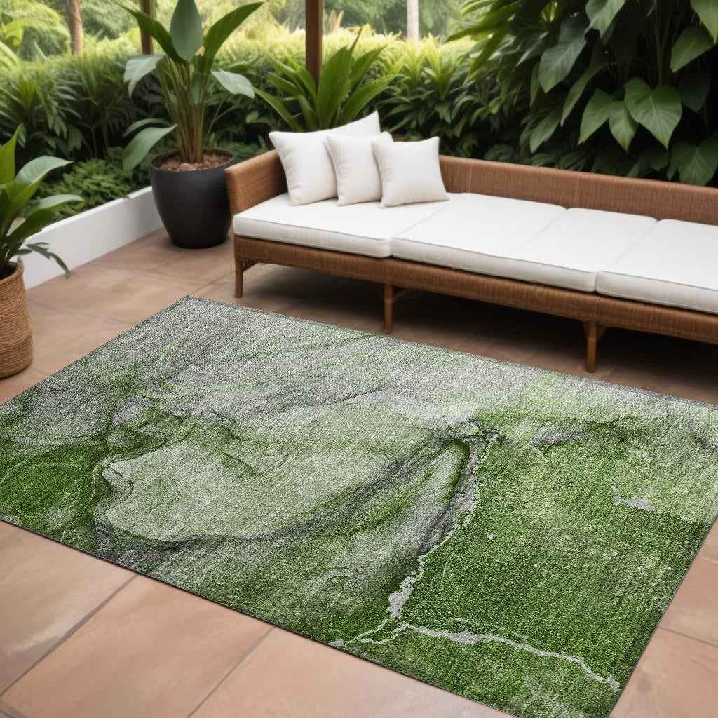 9' X 12' Olive Green Abstract Washable Non Skid Indoor Outdoor Area Rug