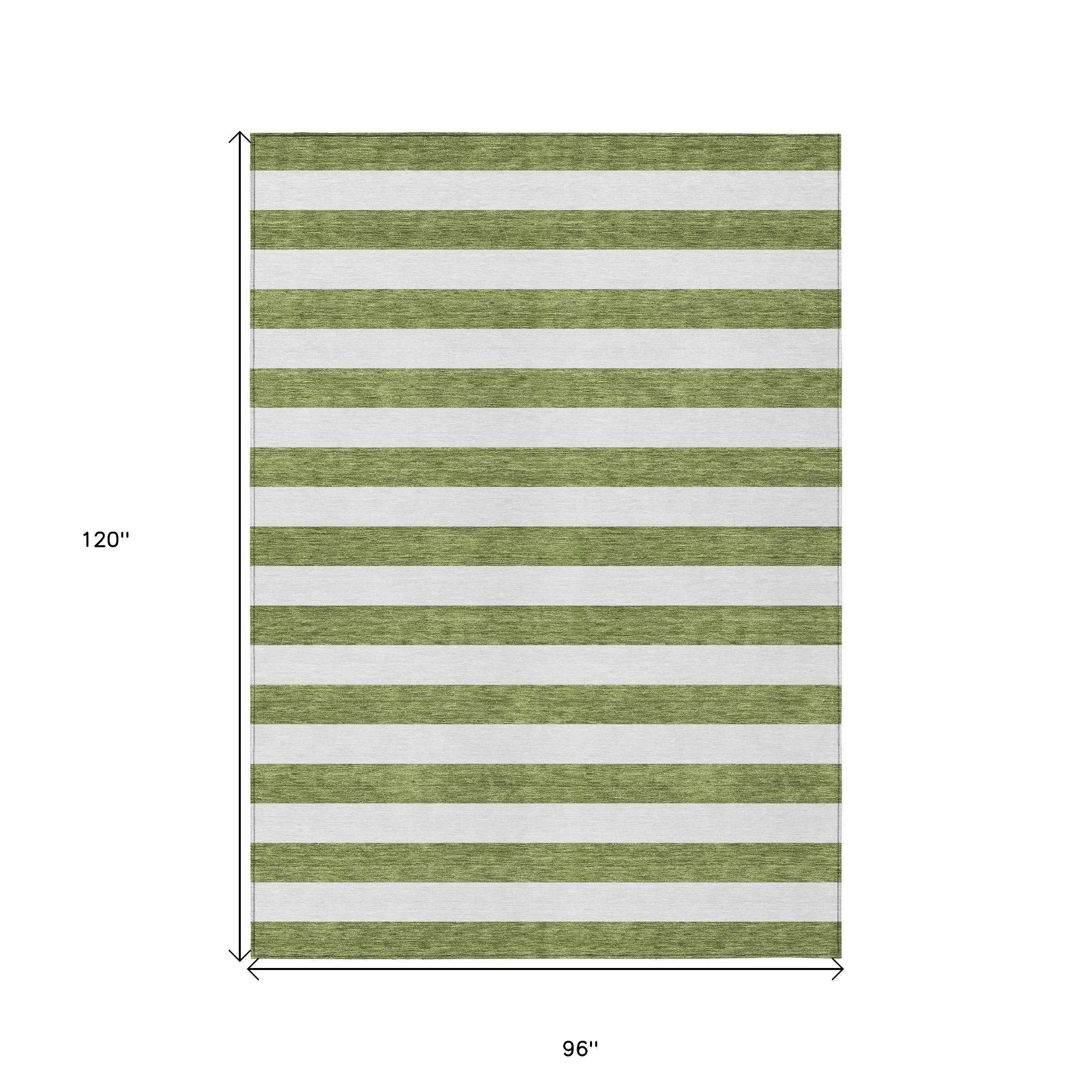 8' X 10' Olive Green Striped Washable Non Skid Indoor Outdoor Area Rug