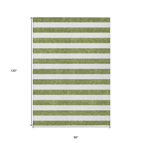 8' X 10' Olive Green Striped Washable Non Skid Indoor Outdoor Area Rug