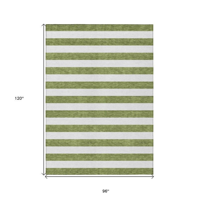 8' X 10' Olive Green Striped Washable Non Skid Indoor Outdoor Area Rug