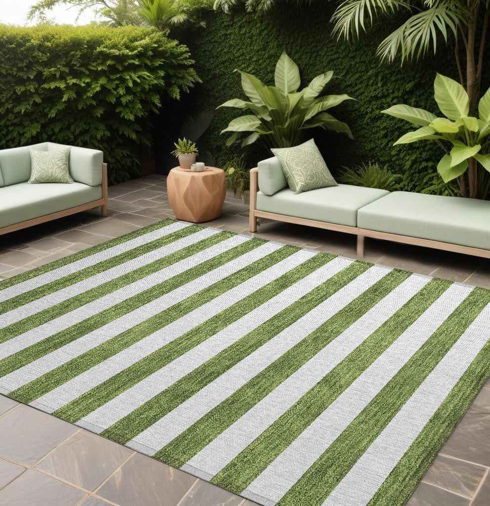 8' X 10' Olive Green Striped Washable Non Skid Indoor Outdoor Area Rug