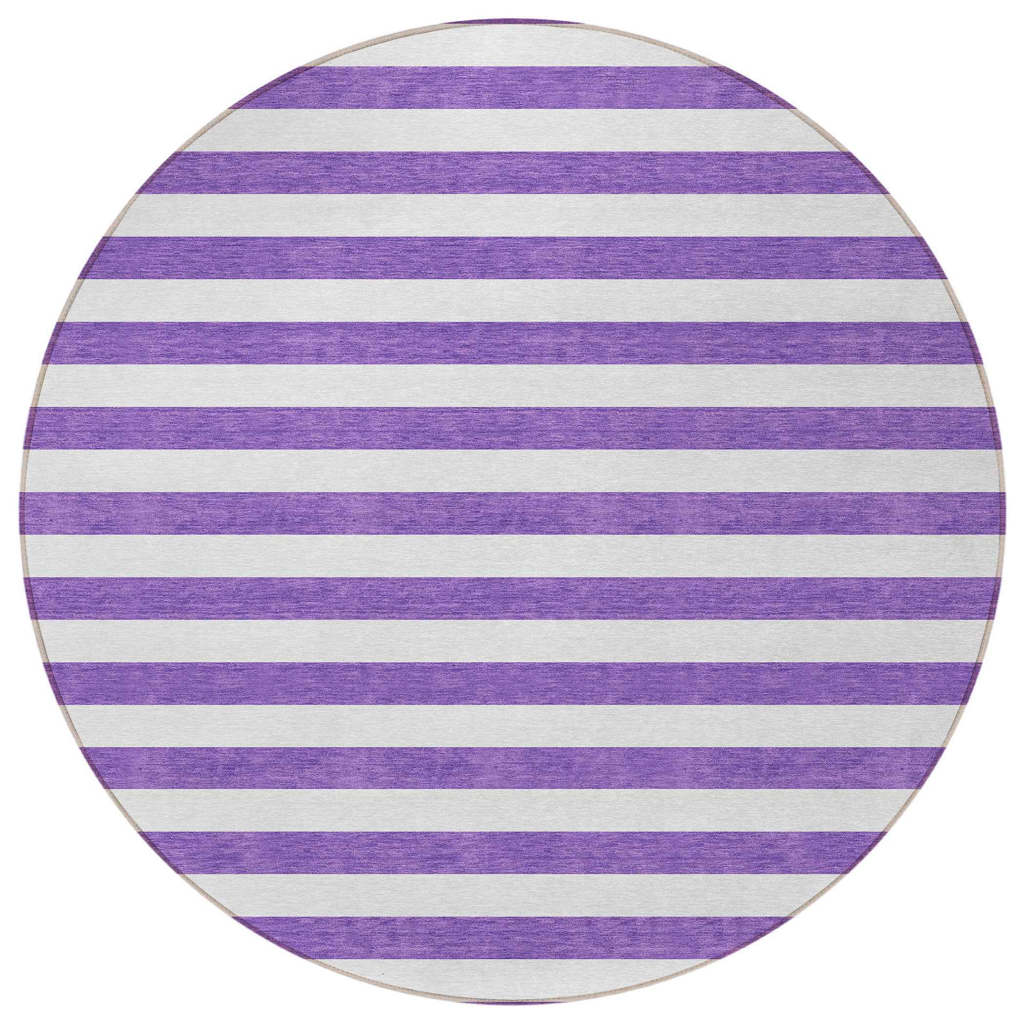8' Round Purple and White Round Striped Washable Non Skid Indoor Outdoor Area Rug