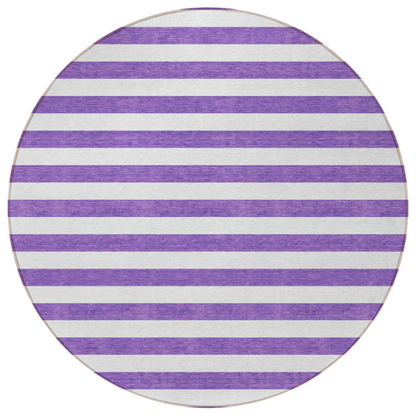 8' Round Purple and White Round Striped Washable Non Skid Indoor Outdoor Area Rug