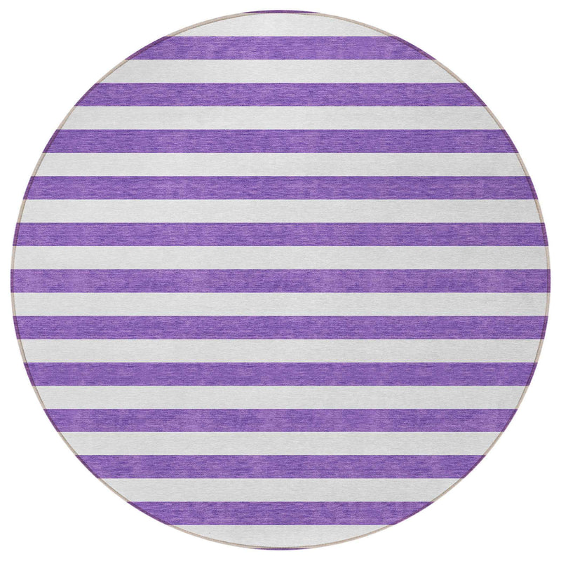 8' Round Purple and White Round Striped Washable Non Skid Indoor Outdoor Area Rug