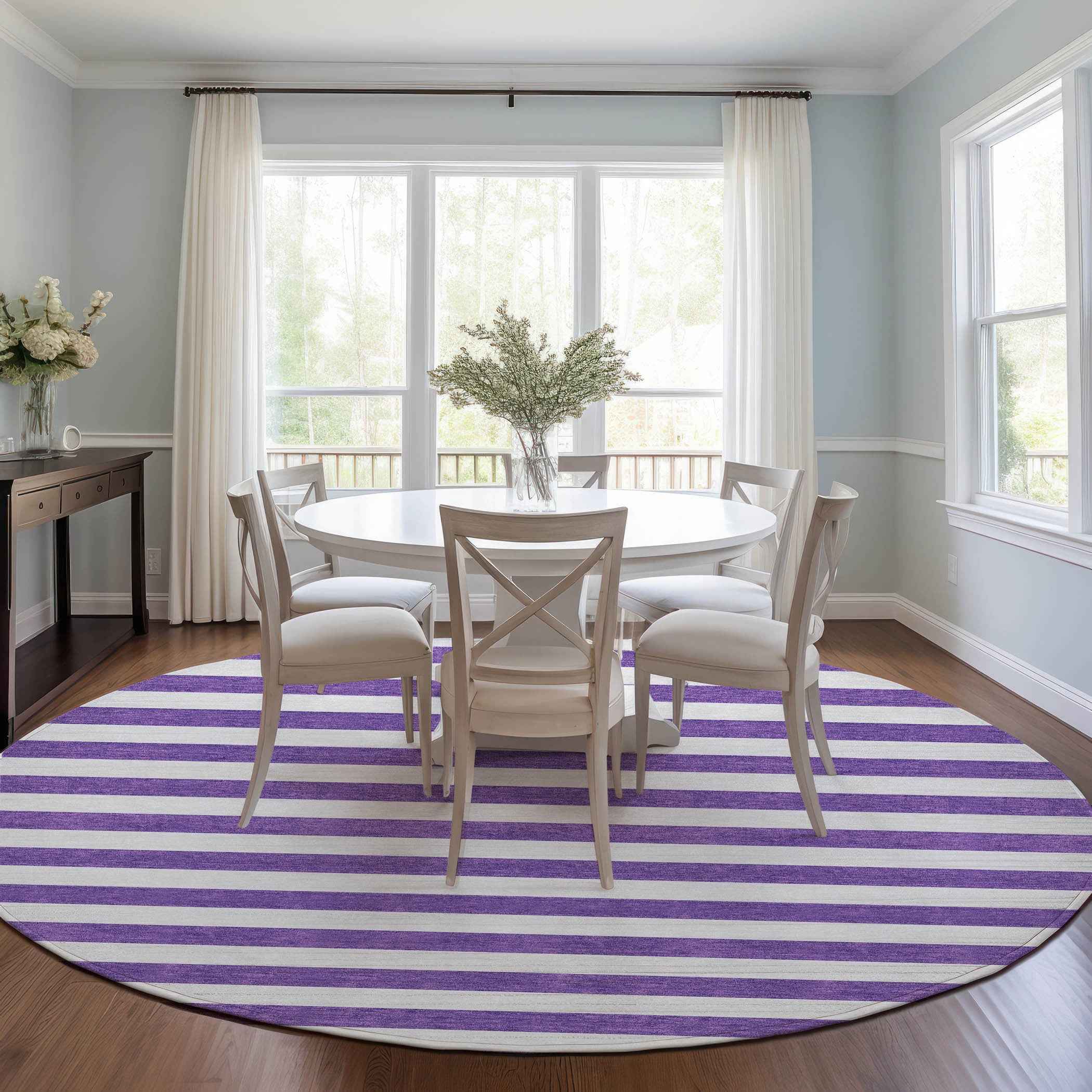 8' Round Purple and White Round Striped Washable Non Skid Indoor Outdoor Area Rug