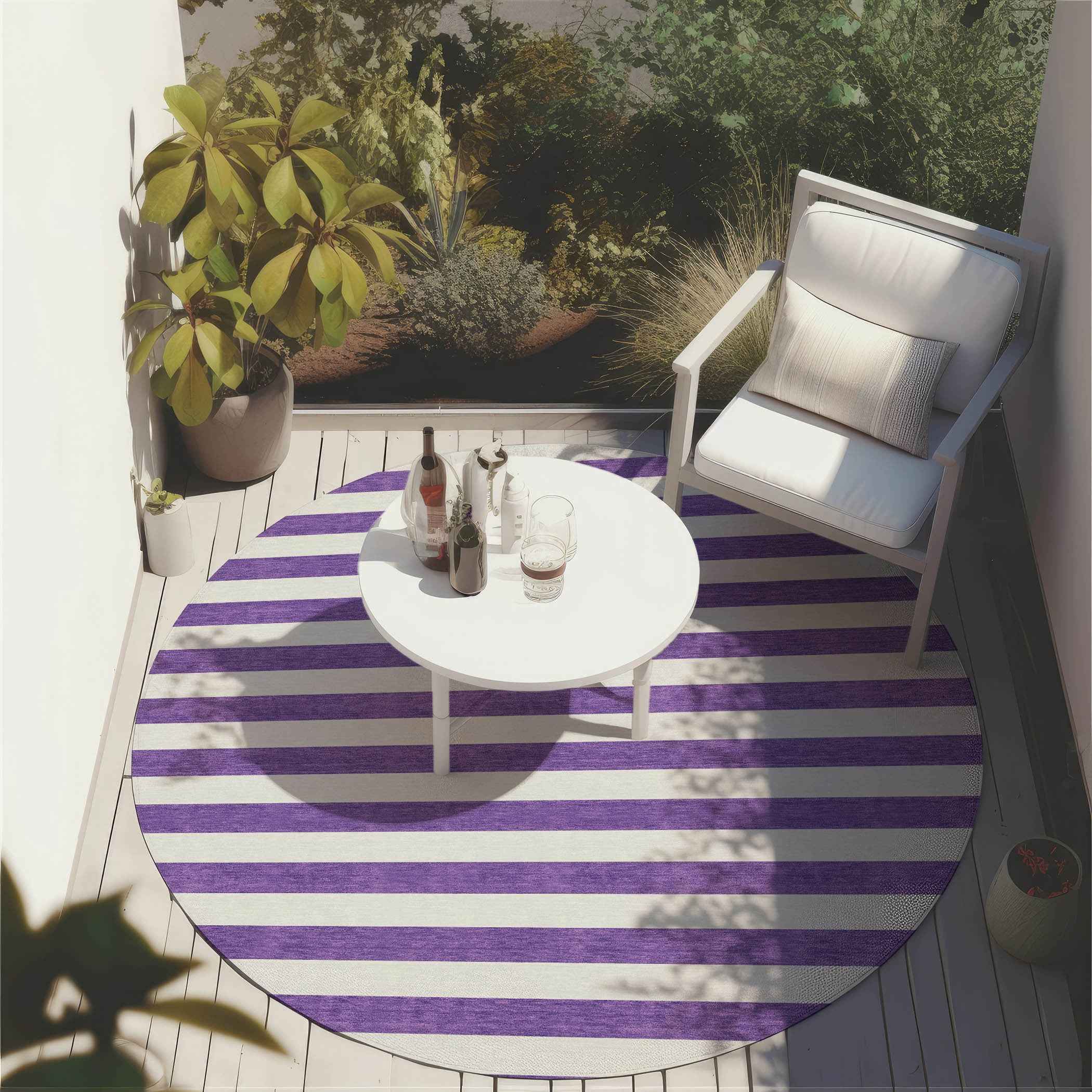 8' Round Purple and White Round Striped Washable Non Skid Indoor Outdoor Area Rug