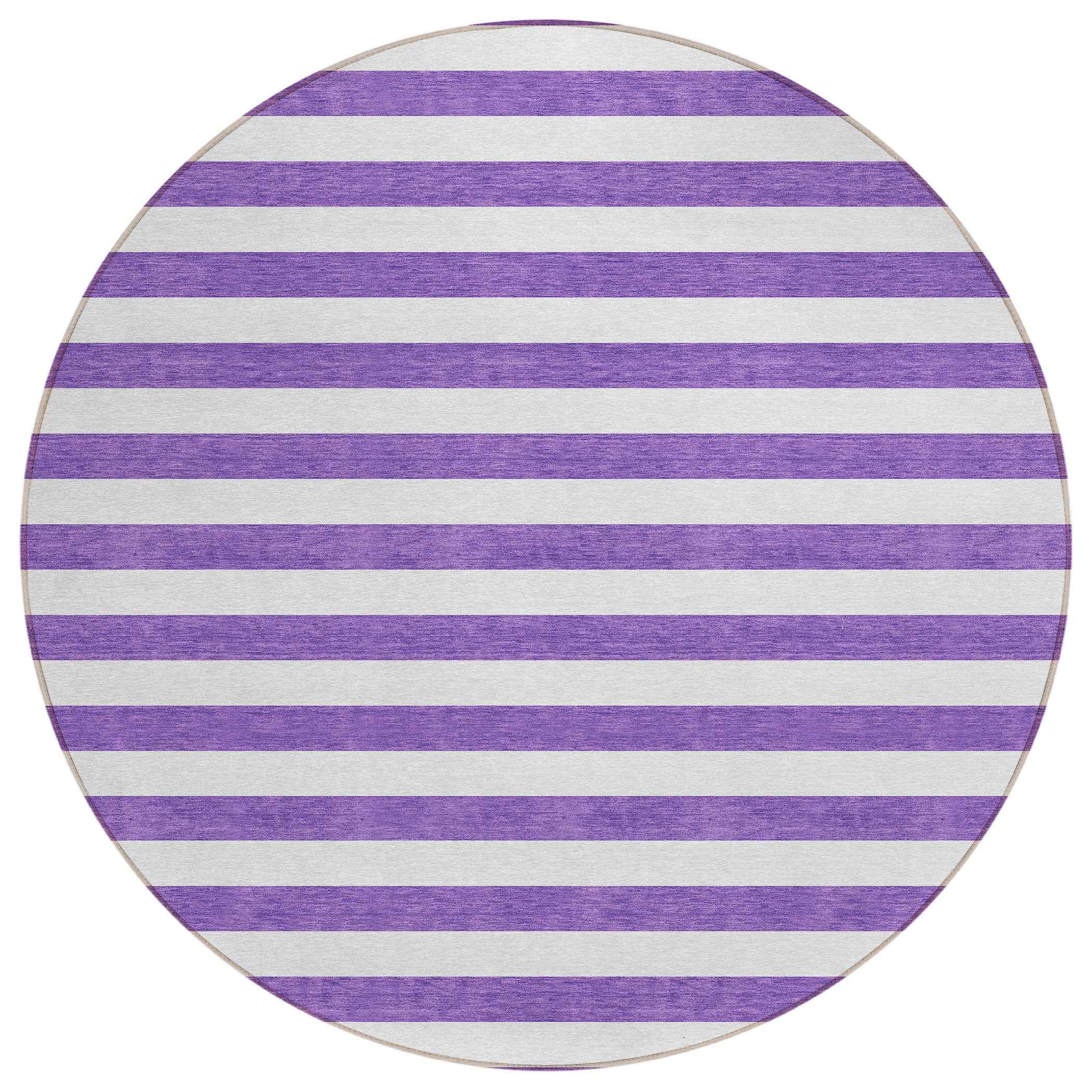 8' Round Purple and White Round Striped Washable Non Skid Indoor Outdoor Area Rug