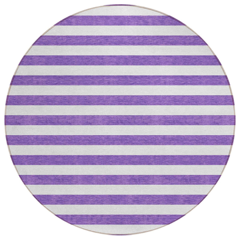 8' Round Purple and White Round Striped Washable Non Skid Indoor Outdoor Area Rug