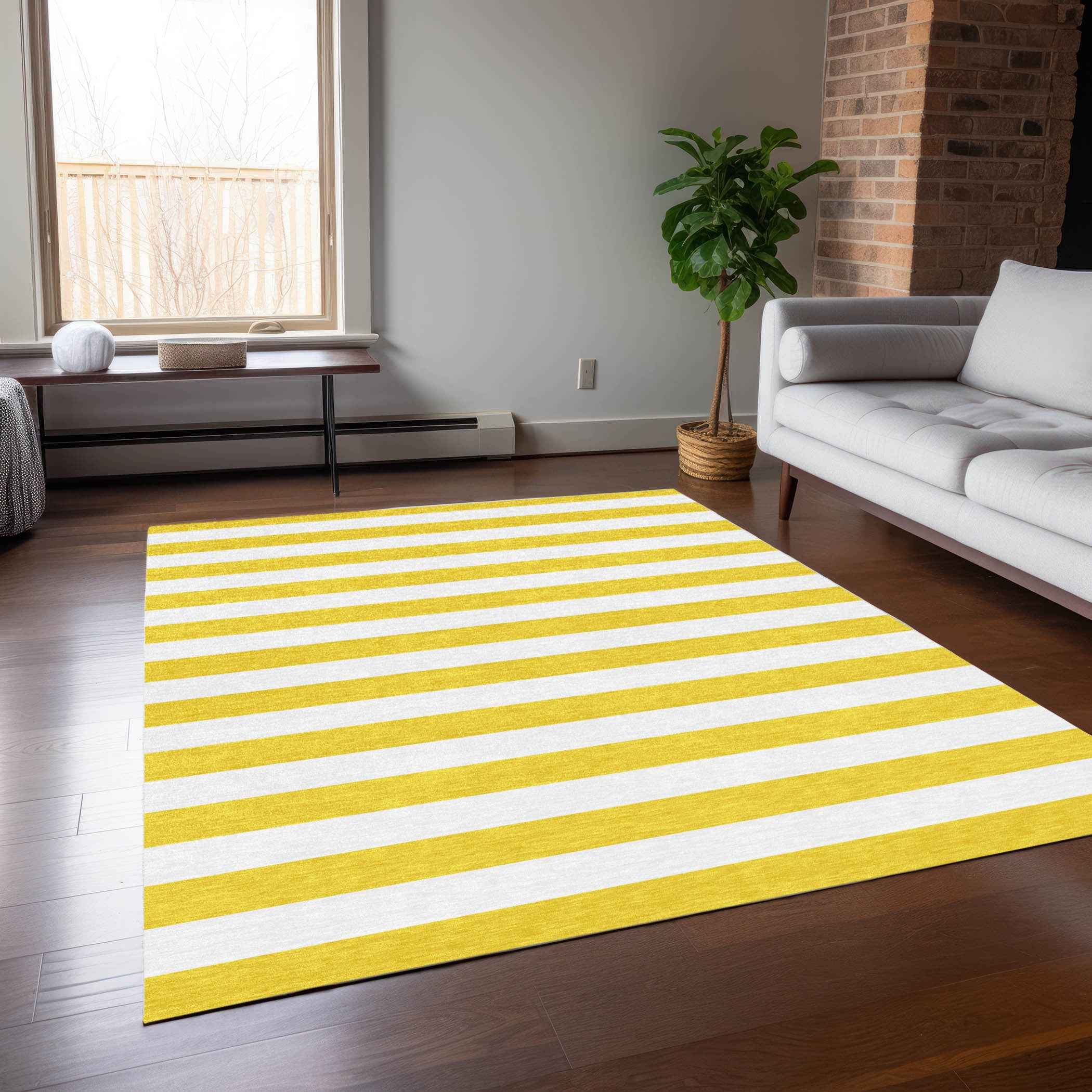 8' X 10' Yellow and White Striped Washable Indoor Outdoor Area Rug