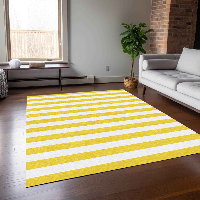 8' X 10' Yellow and White Striped Washable Indoor Outdoor Area Rug