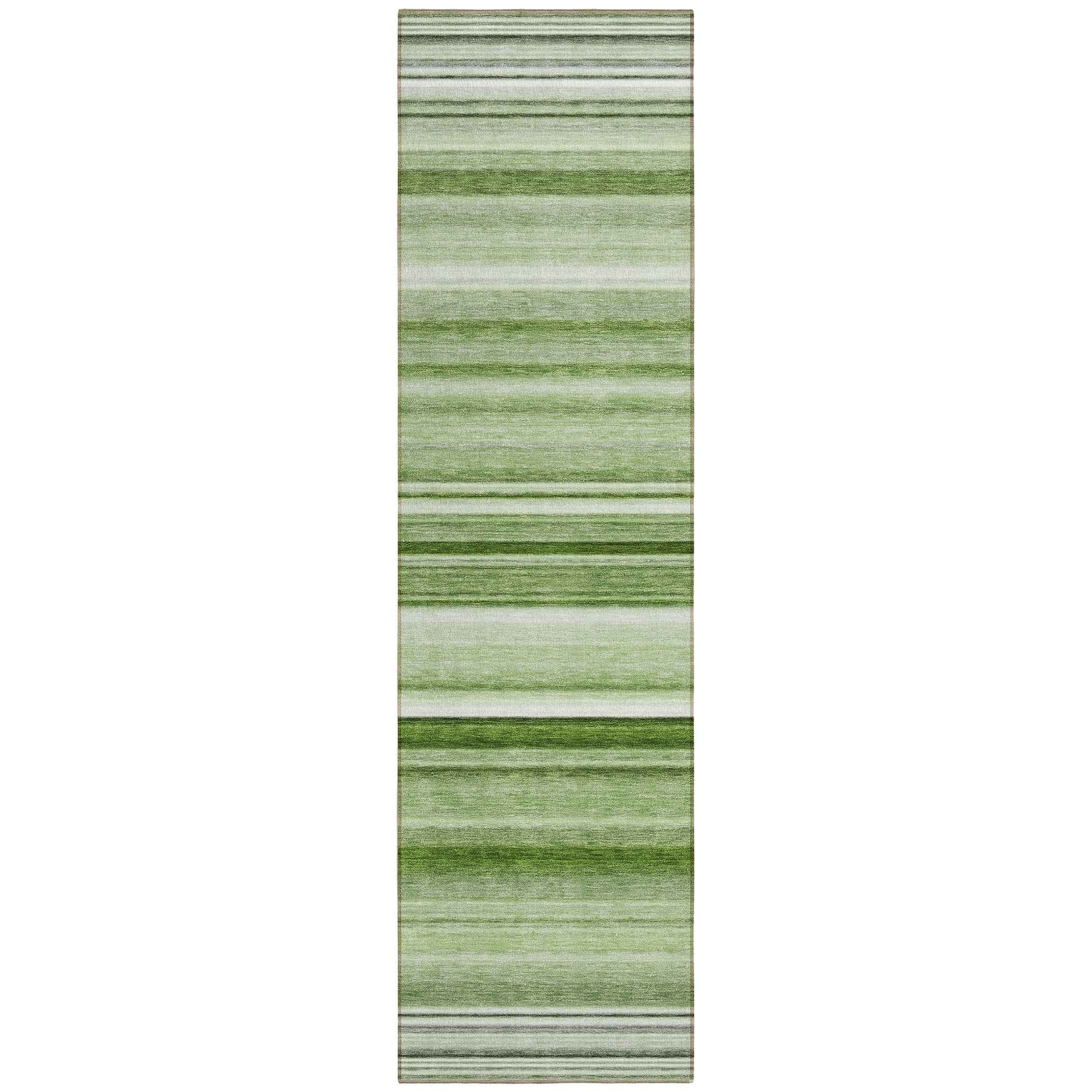 2' X 8' Artichoke Green Striped Washable Indoor Outdoor Runner Rug