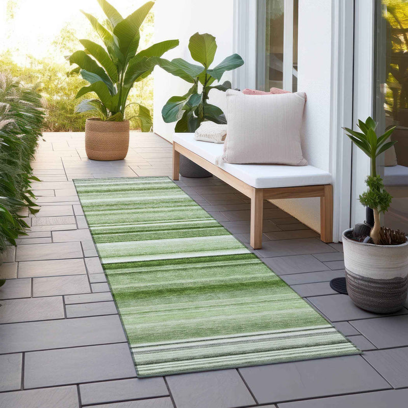 2' X 8' Artichoke Green Striped Washable Indoor Outdoor Runner Rug
