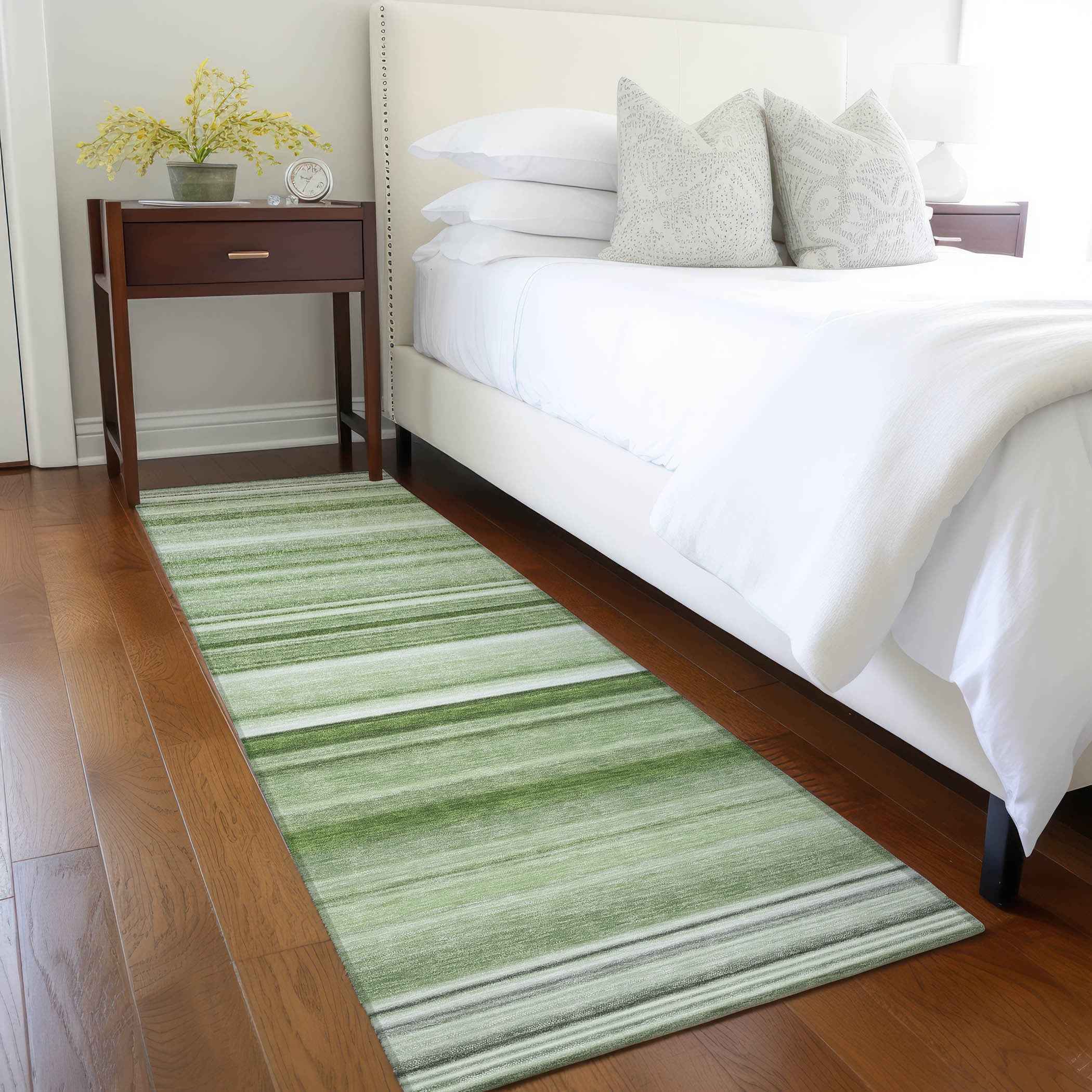 2' X 8' Artichoke Green Striped Washable Indoor Outdoor Runner Rug